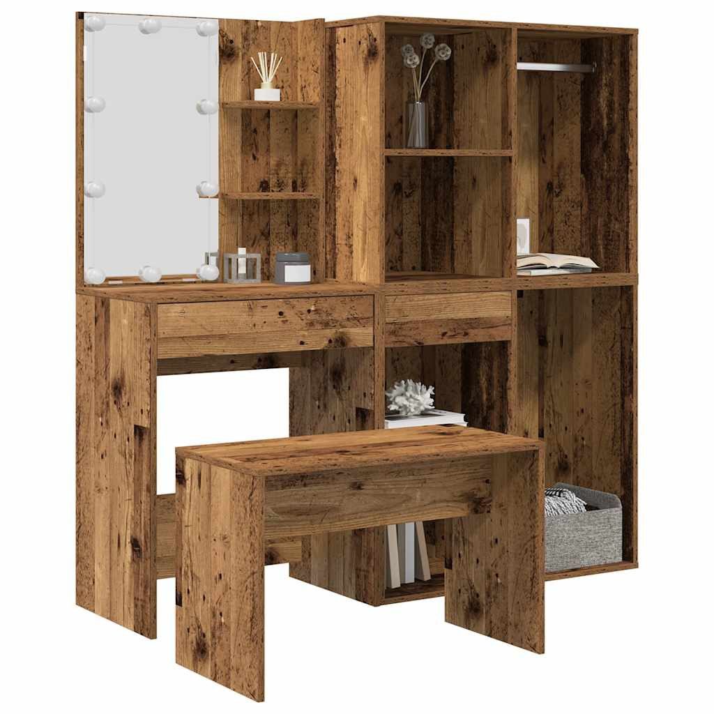 vidaXL Schlafzimmer-Set Schminktisch-Set mit LED-Leuchten Altholz-Optik Holzwerkstoff