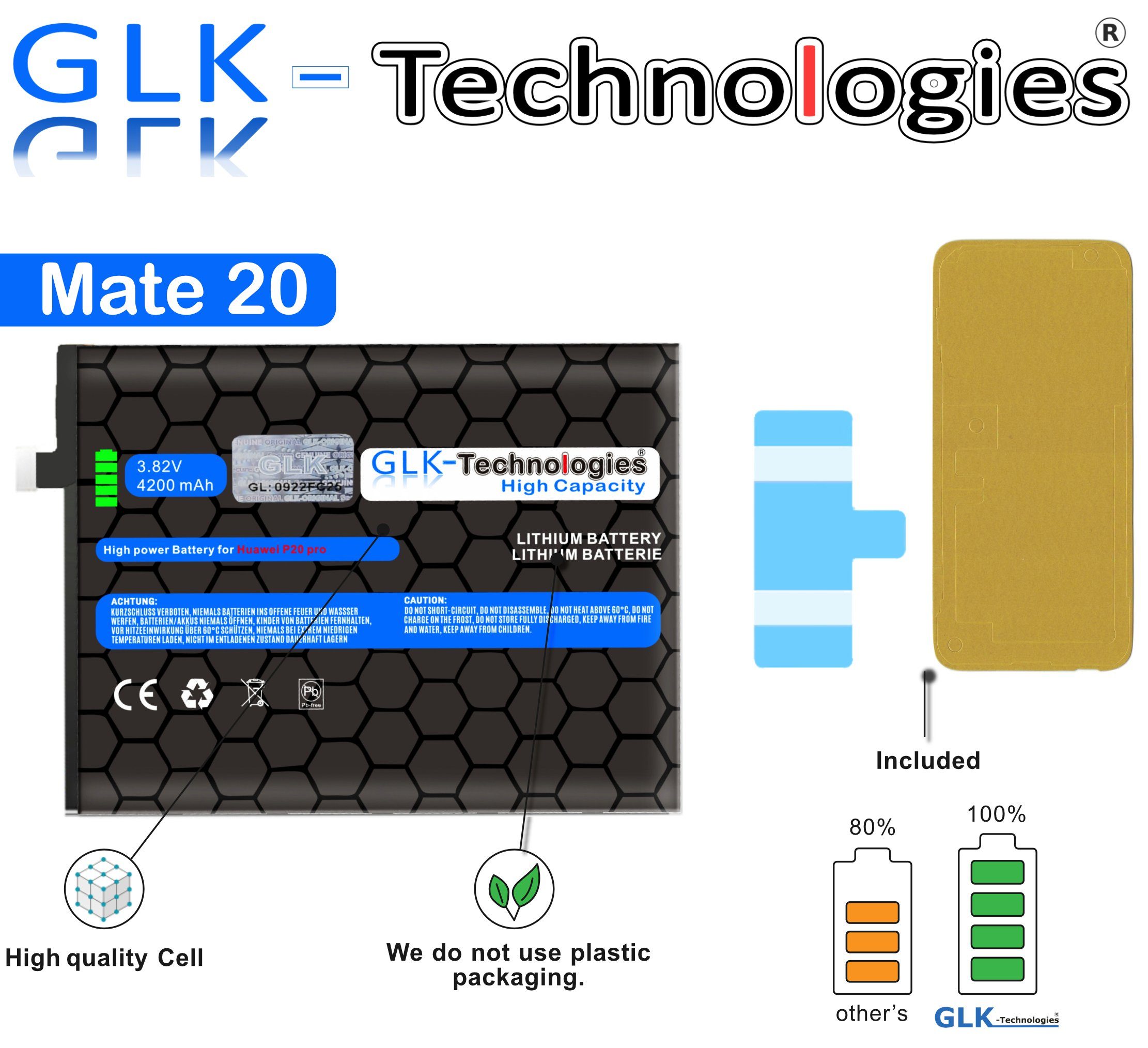 GLK-Technologies Handy-Akku Mate HB436486ECW GLK Akku 20 für (3.8 Battery V) SET 4200mAh Ohne Huawei