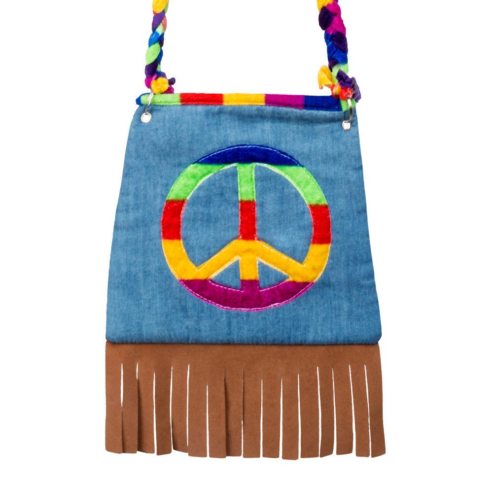Boland Kostüm Umhängetasche Peace bunte Hippie Tasche mit Fransen 19x19 cm, Perfekt für Hippie- und 70er-Jahre, mit Reißverschluss