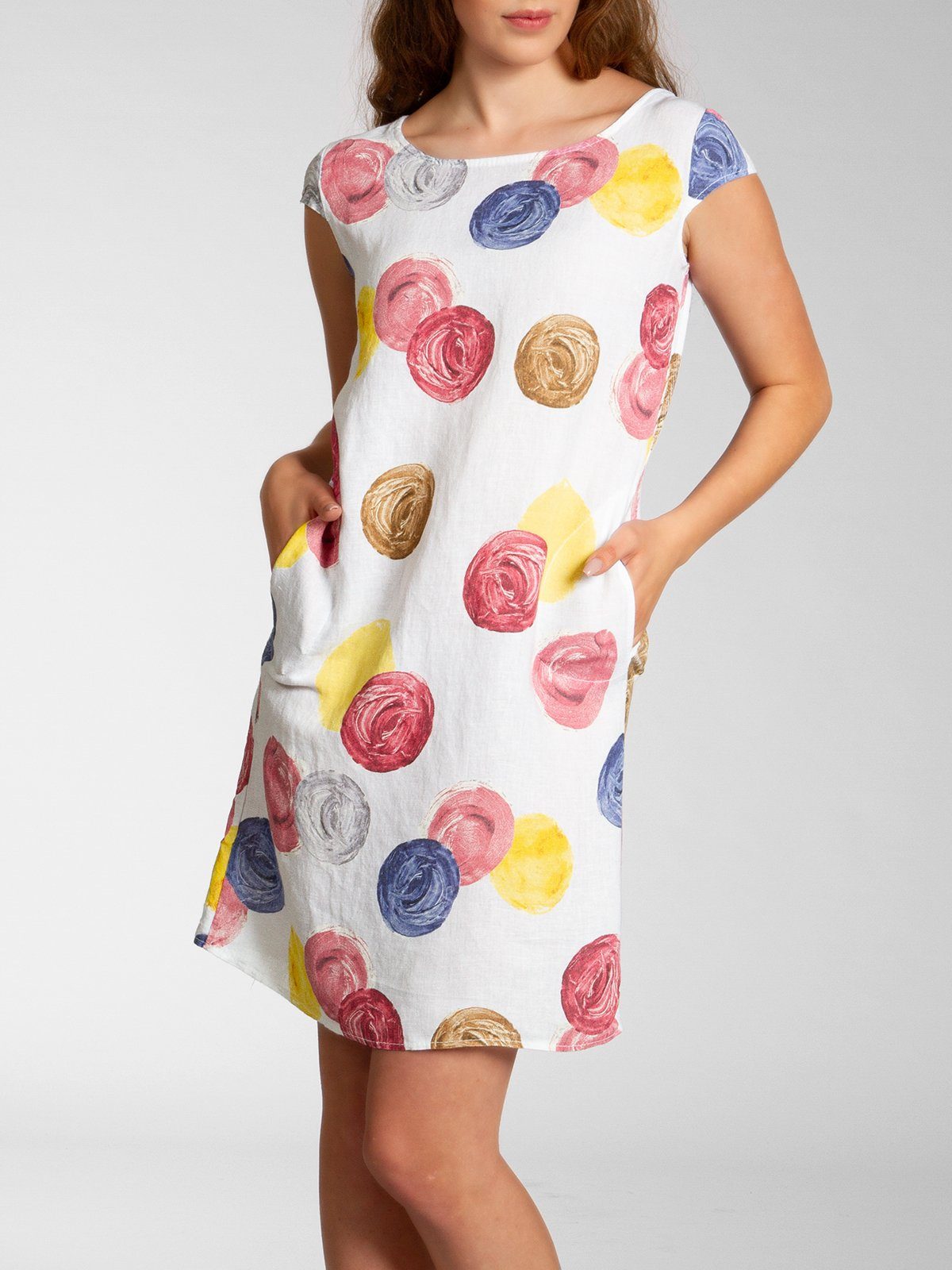 Caspar Sommerkleid SKL033 leichtes knielanges Damen Sommer Leinenkleid mit Punkte Print Luftig leicht, figurumspielende Form, mit seitlichem Jersey-Einsatz