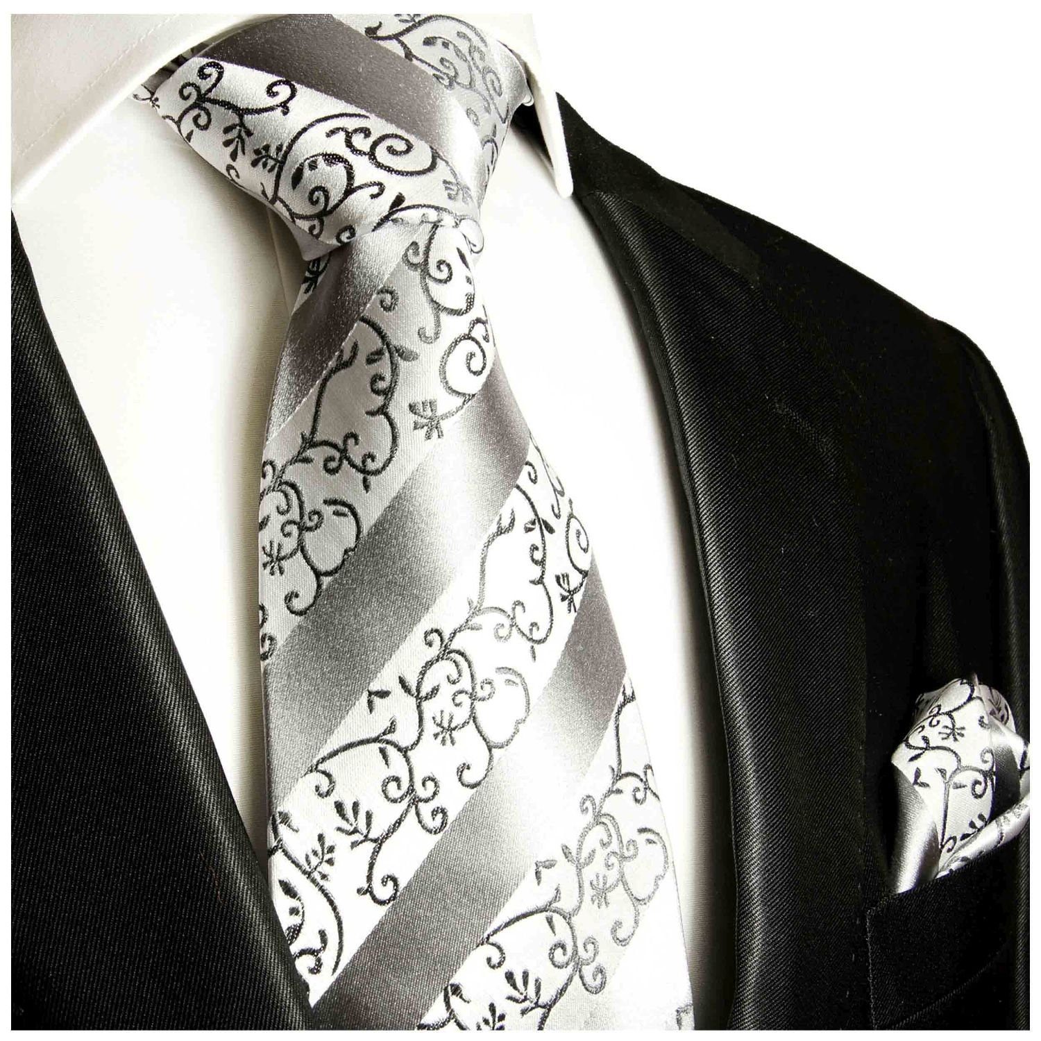 Paul Malone Krawatte Herren Seidenkrawatte und Tuch barock gestreift 100% Seide (Set, 2-St., Krawatte mit Einstecktuch) Breit (8cm), silber 932