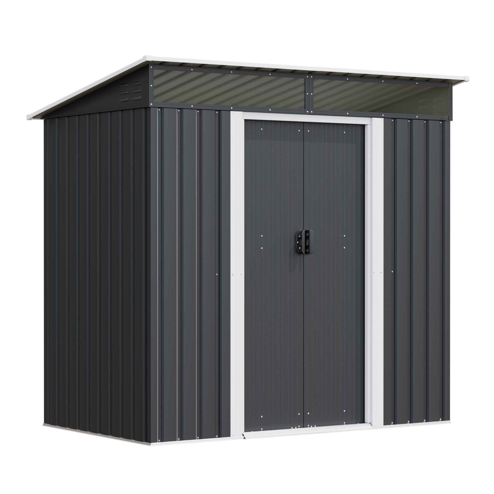 GUNJI Gerätehaus Metall Geräteschuppen Inkl. Stahlfundament, Gartenhaus mit Pultdach, M: 1,8m x 1,1m, L: 2.3m x 2m, XL: 2.4m x 3m, Doppelschiebetür