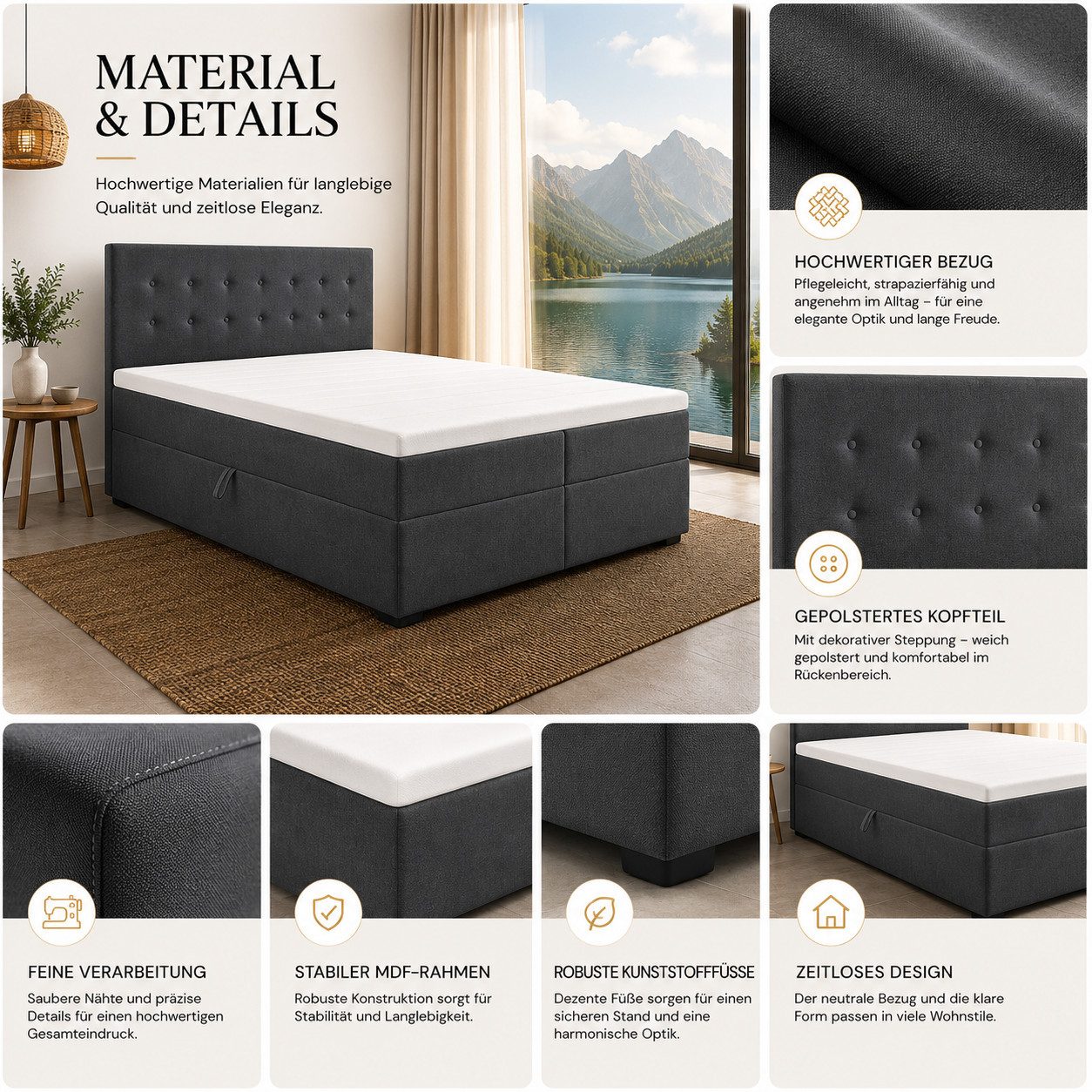 Best for Home Boxspringbett Polsterbett mit 7-Zonen-Taschenfederkernmatratze und Schubladen (Komplettset (Boxspringbett inkl. 2 Matratzen, Topper & Stauraum-Sch – Bild 5 von 5