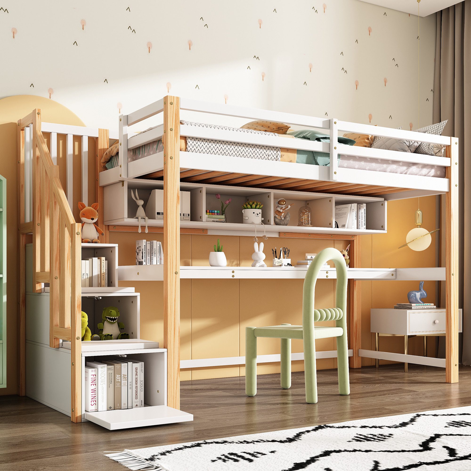 Flieks Hochbett Kinderbett mit Regale, Schreibtisch und Stauraumtreppe 90x200cm