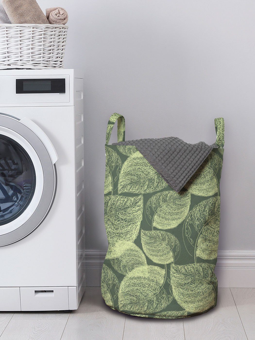 Kunst Wäschesäckchen mit Griffen Herbstlaub-Linie Abstrakt Wäschekorb Kordelzugverschluss für Waschsalons, Abakuhaus