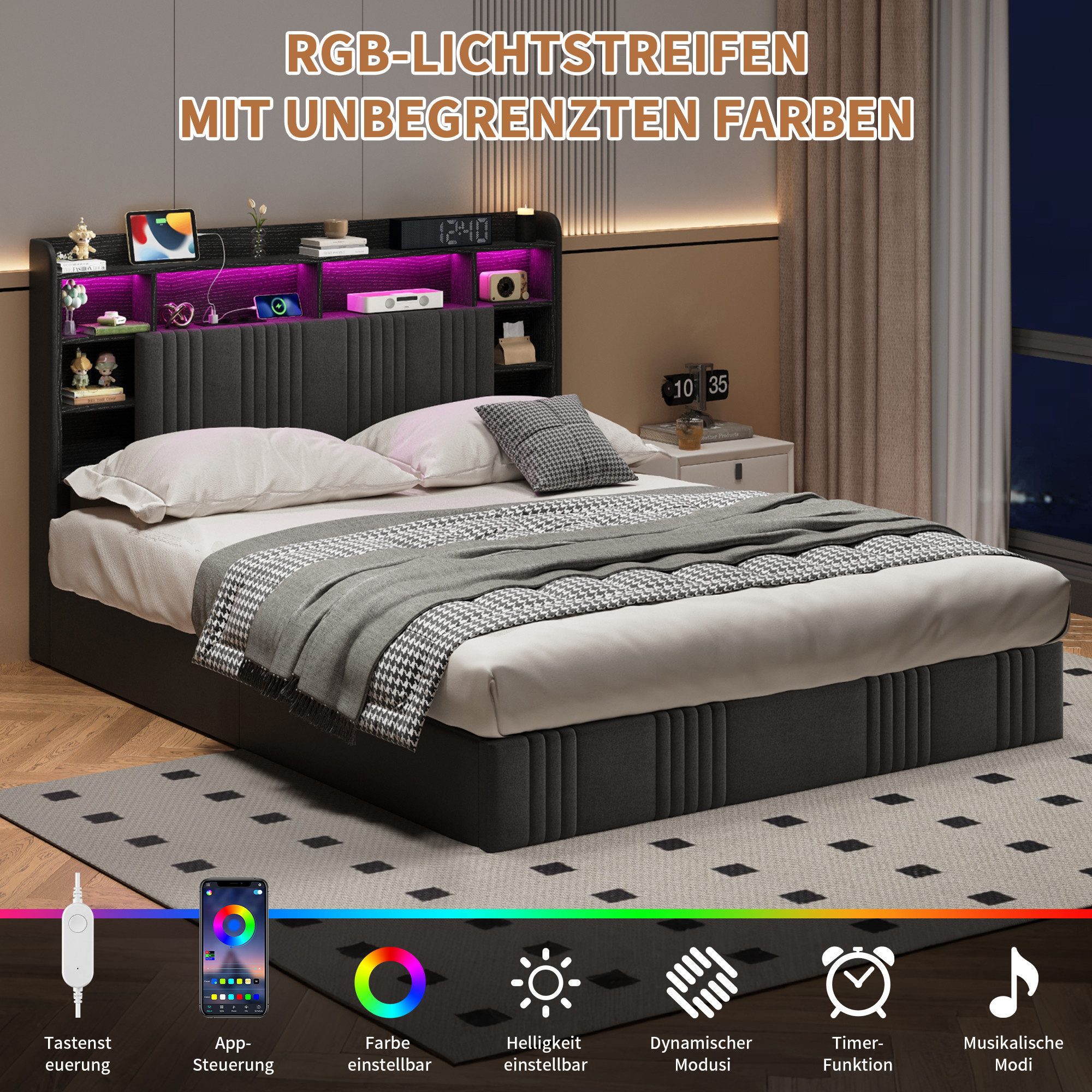 ADWOLT Polsterbett Stauraumbett Doppelbett Mit Bettkasten (Packung, 1-tlg), 160x200 cm,USB + Typ-C,2 Ladebuchsen,LED-Leuchten,Leinenstoff - Grau