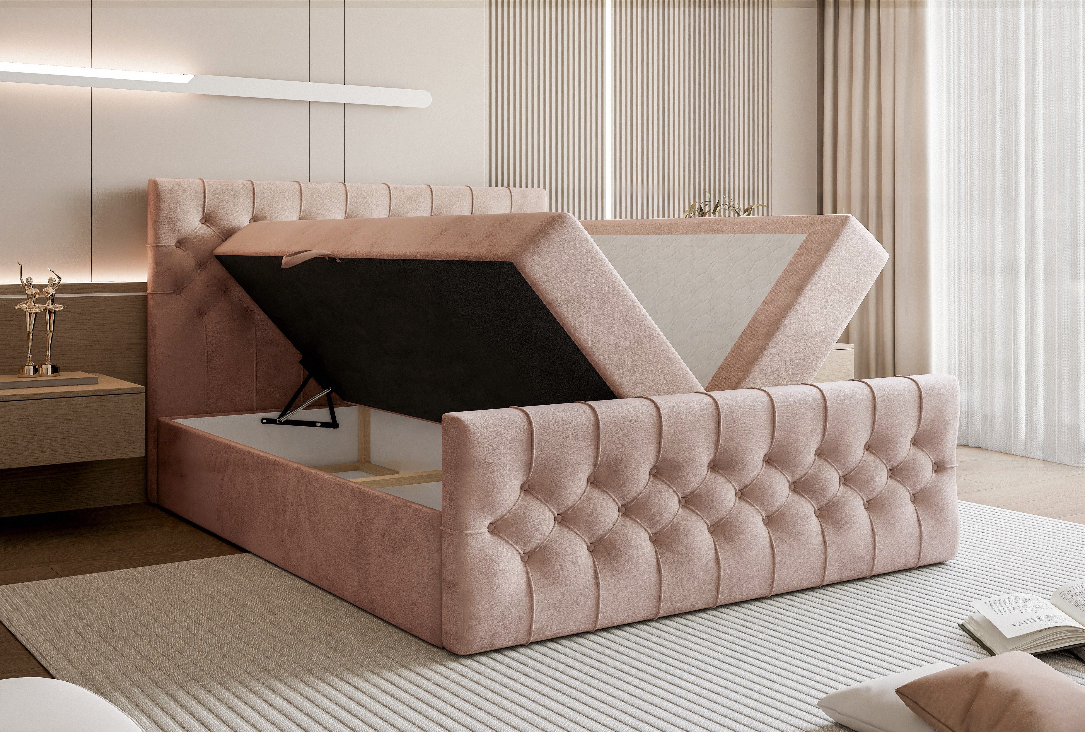 Goldstoff Boxspringbett TAURIEL mit Federkernmatratze & Topper, zwei Bettkästen (von 120 bis 200x200 cm), modernes Doppelbett aus Velvet Stoff mit edlem Kopftei – Bild 5 von 5