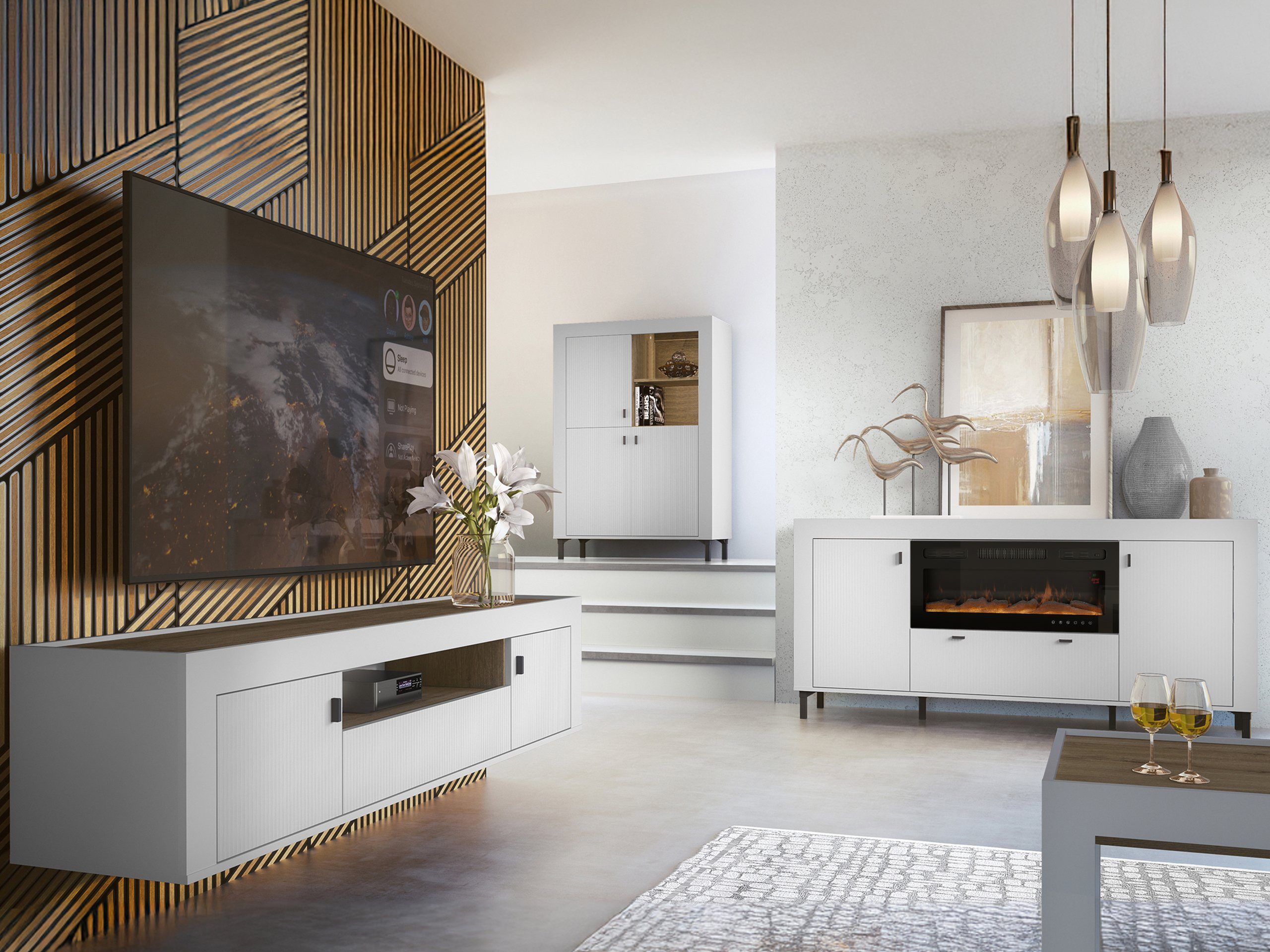 MIRJAN24 Wohnzimmer-Set Mossa IV, (4er-Set, Vitrine, Kommode, TV-Lowboard mit Kamin, Couchtisch), Realistische LED-Flamme
