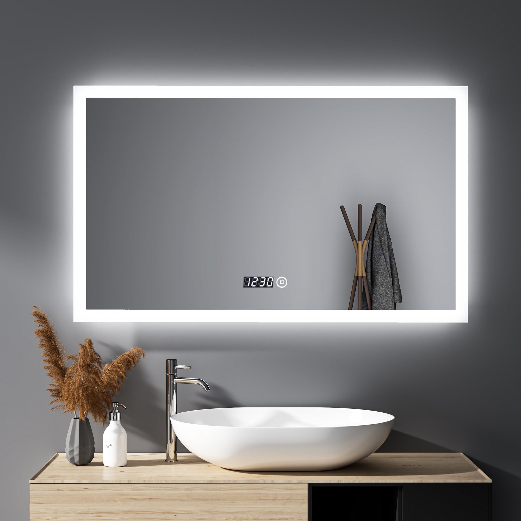 WDWRITTI Spiegel Led Badspiegel 100x60 mit Uhr Touch Dimmbar Kalt/Neutral/Warmweiß (Speicherfunktion, IP44), Wandschalter auswählbar