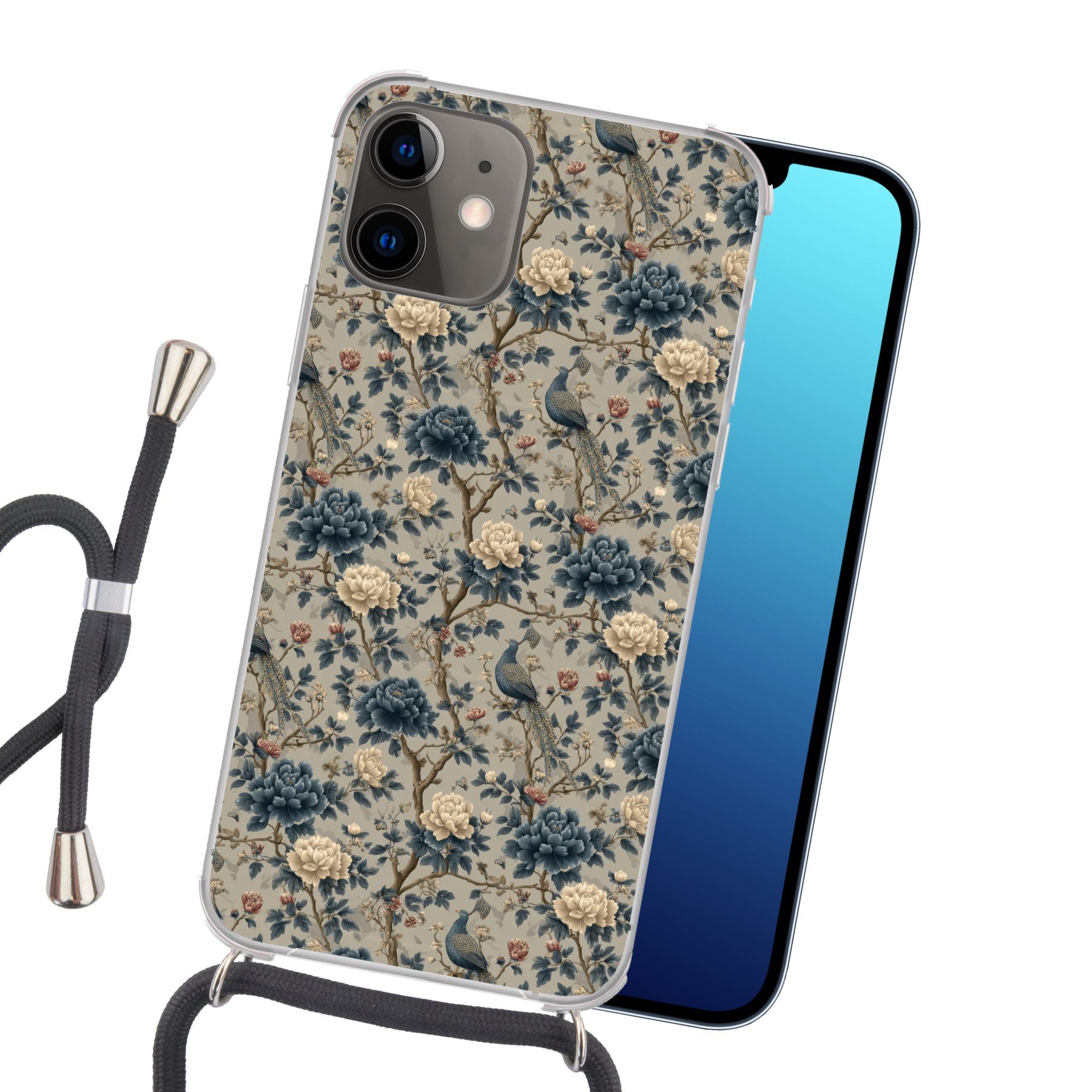 MuchoWow Handyhülle für Apple iPhone 12 Pfau - Blumen - Blau, Tragbare Handyhüllen mit Kette zum umhängen, Handykette Handyband