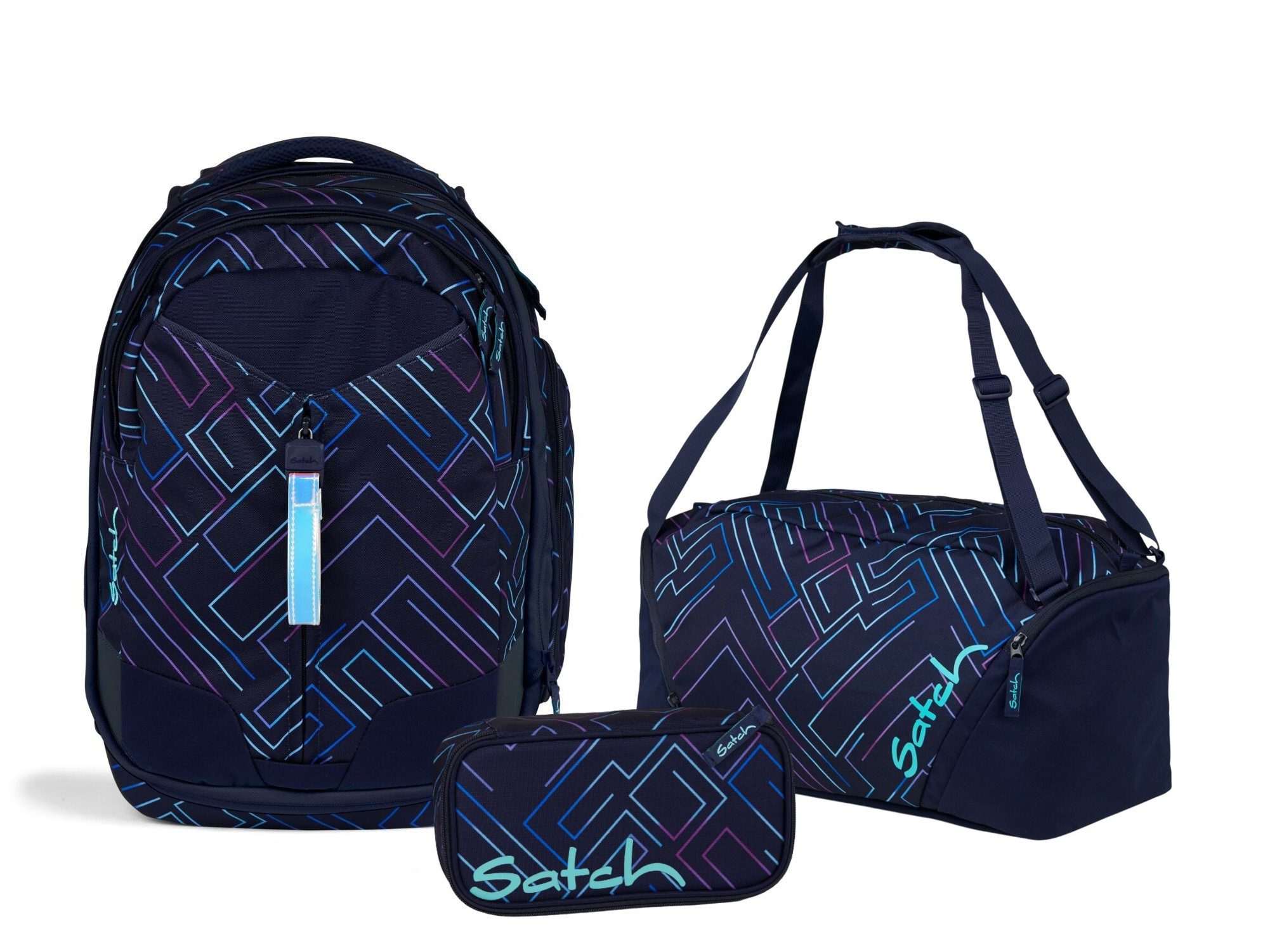 Satch Schulranzen Schulrucksack-Set MATCH Purple Laser 3-teilig, Kollektion 2025 (3-teilig), Schulranzen, ergonomisch, 30 + 5 Liter