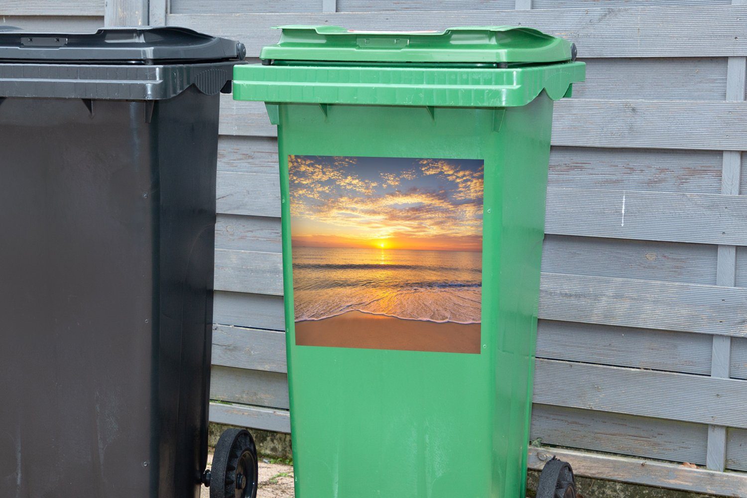 Strand Meer Wandsticker St), MuchoWow - Abfalbehälter Mülleimer-aufkleber, Sonnenuntergang (1 Container, Mülltonne, Sticker, -