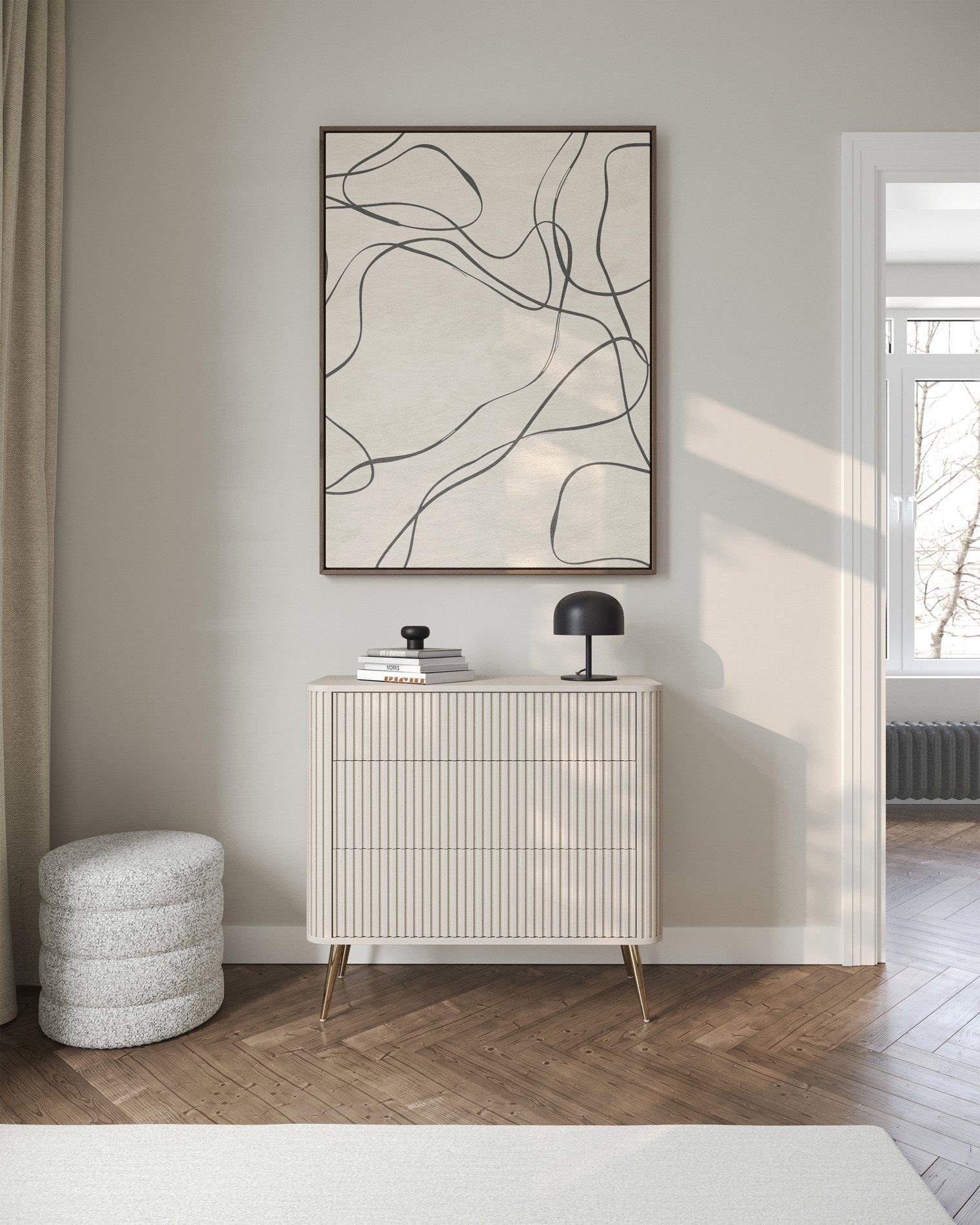 Selsey Kommode OVARLO, mit 3 Schubladen und geriffelten Fronten, greige mit goldenen Beinen