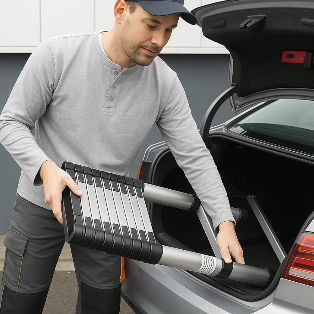 Carromco Teleskopleiter Leiter TÜV geprüft Softclose, Arbeitshöhe 4,04, Anti-Rutsch, platzsparend einfahrbar, belastbar bis 150 kg