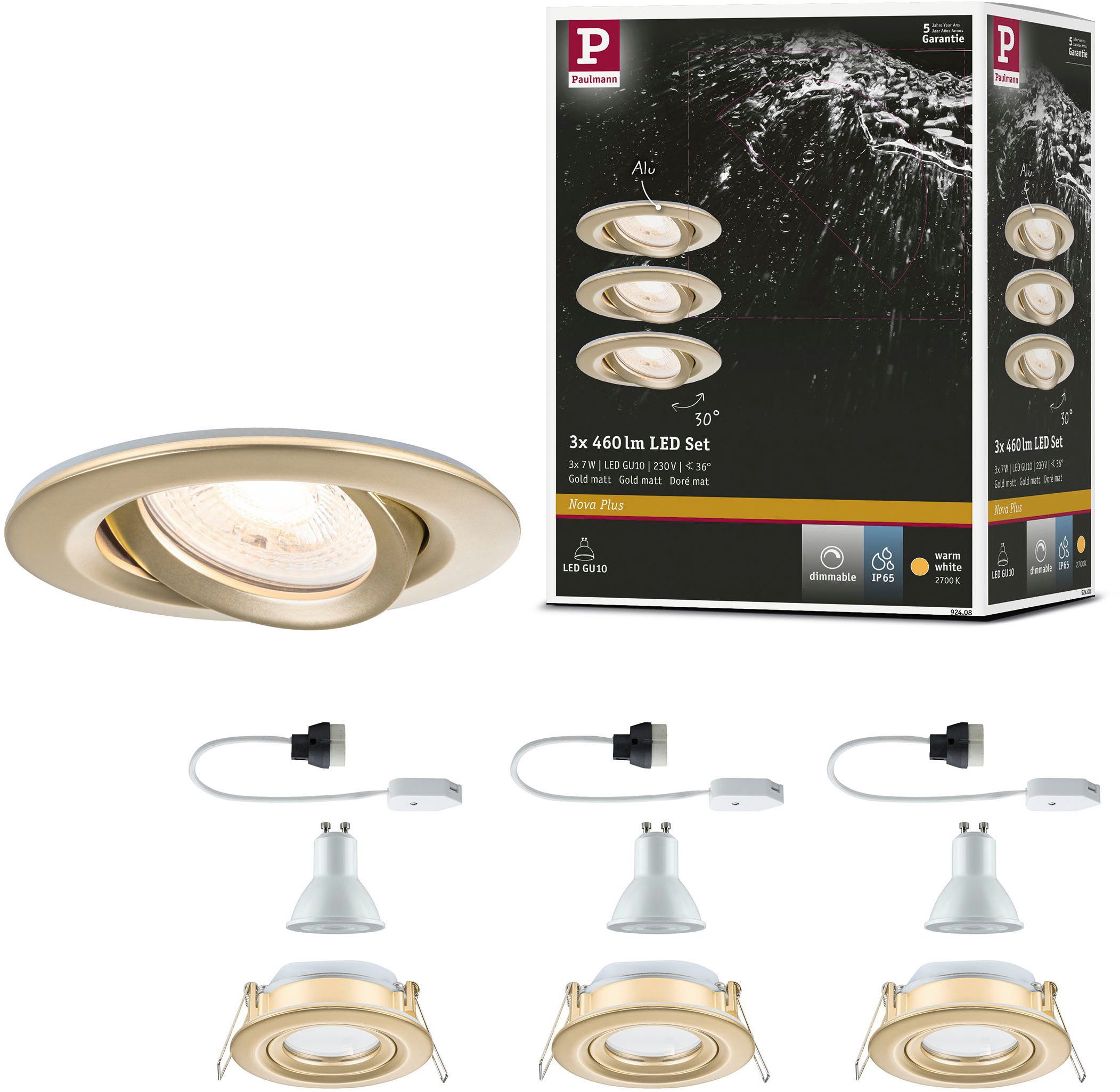 Paulmann LED Einbauleuchte LED Einbauleuchte Nova Plus IP65 rund 93mm 30° dimmbar Gold matt, LED fest integriert, Warmweiß