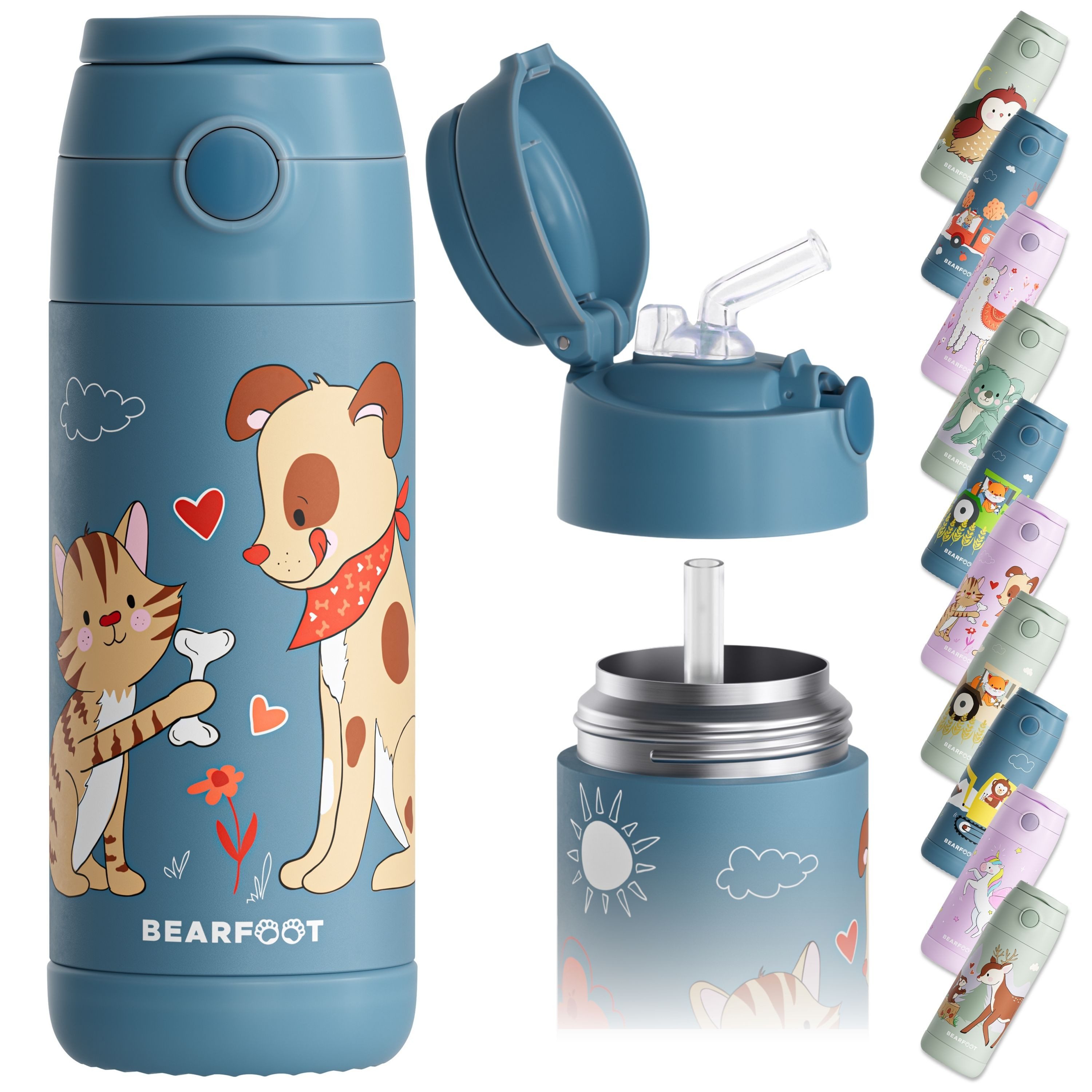 BEARFOOT Trinkflasche Thermo Kinder Trinkflasche Edelstahl - Hund & Katze blau, Thermosflasche, auslaufsicher, Edelstahl, Kinderflasche, BPA-frei