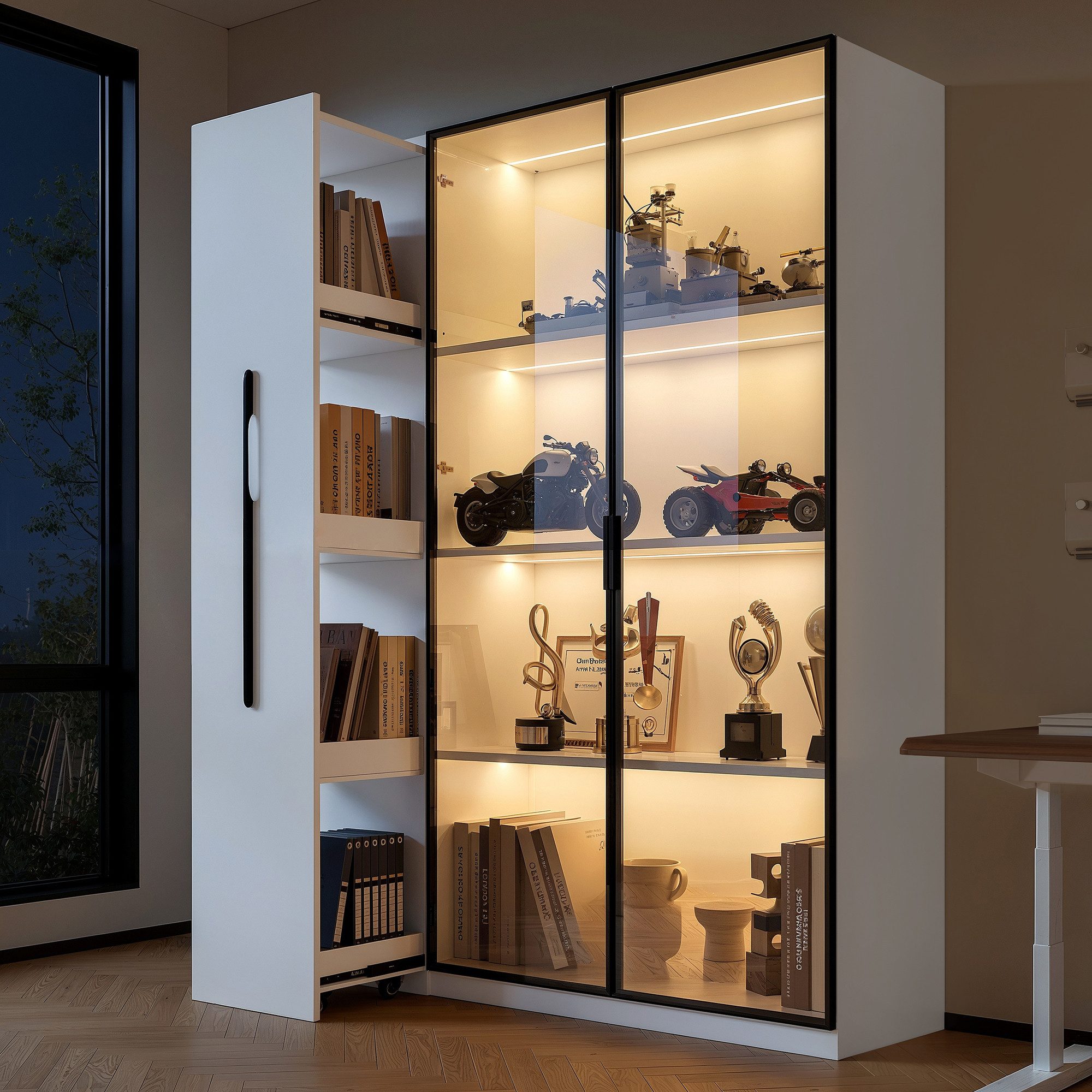 Merax Glasvitrine (2-in-1-Design Multifunktionsschrank Vitrinenschrank, 1-St., 110.5x35x160cm) LED-Vitrine mit Glastür & seitlichem Rollregal,Hochschrank Bücherregal