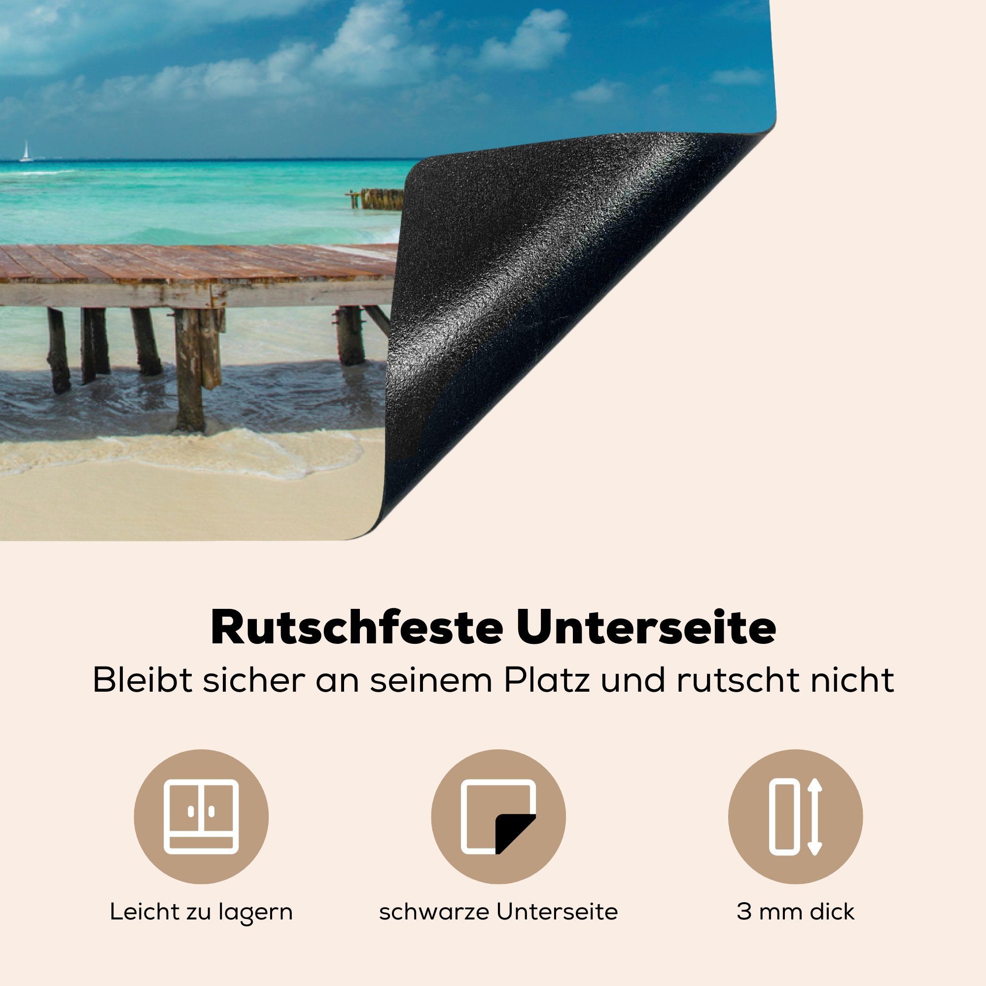 Arbeitsfläche Vinyl, Karibischen auf mexikanischen Promenade der MuchoWow Herdblende-/Abdeckplatte Mobile Isla, 78x52 am Meer cm, nutzbar, Insel Eine tlg), (1 Ceranfeldabdeckung