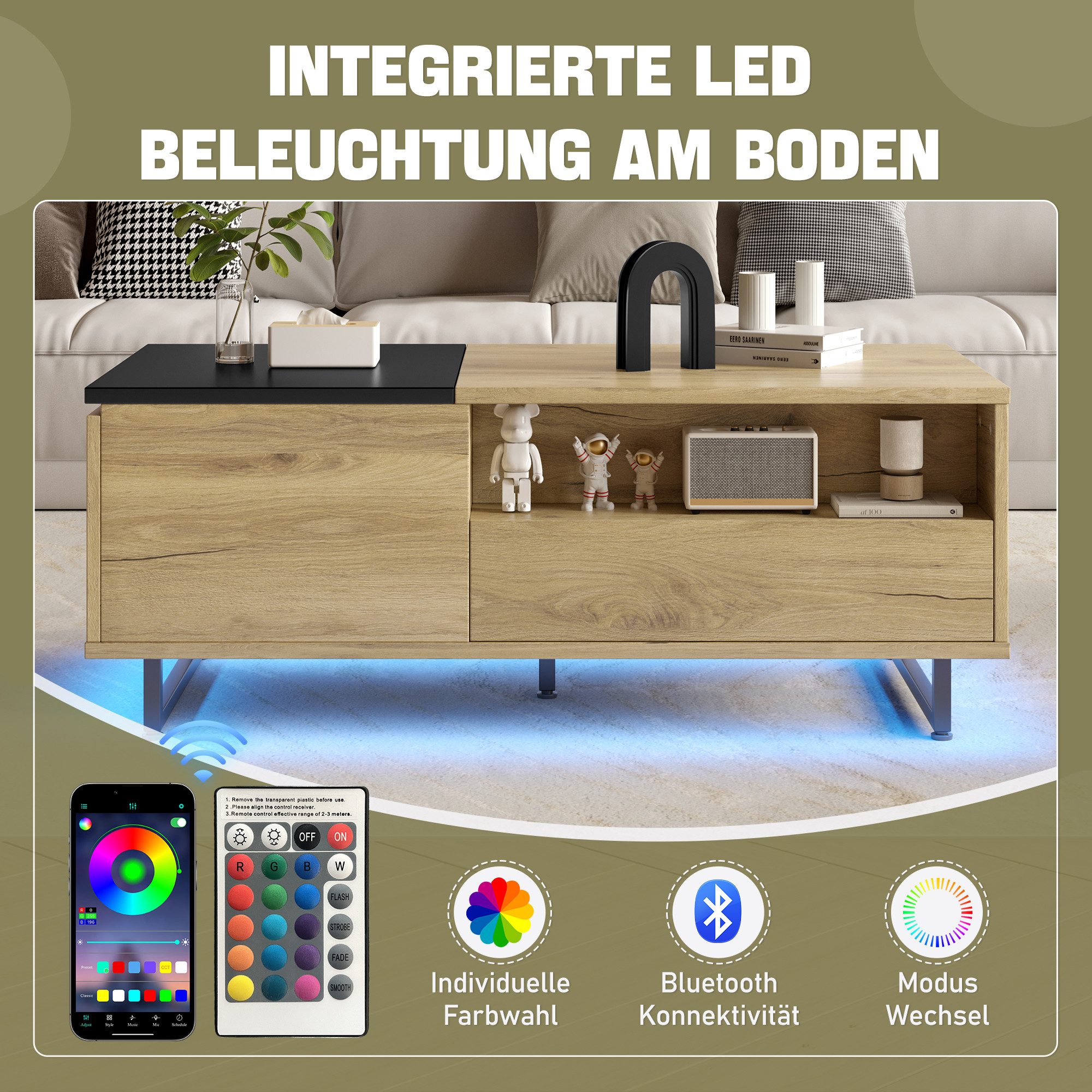 Celya Couchtisch Höhenverstellbarer mit LED-Bodenlicht und reichlich Stauraum (106.5×50×37.5cm, mit Schubladen und Fächern) – Bild 3 von 5