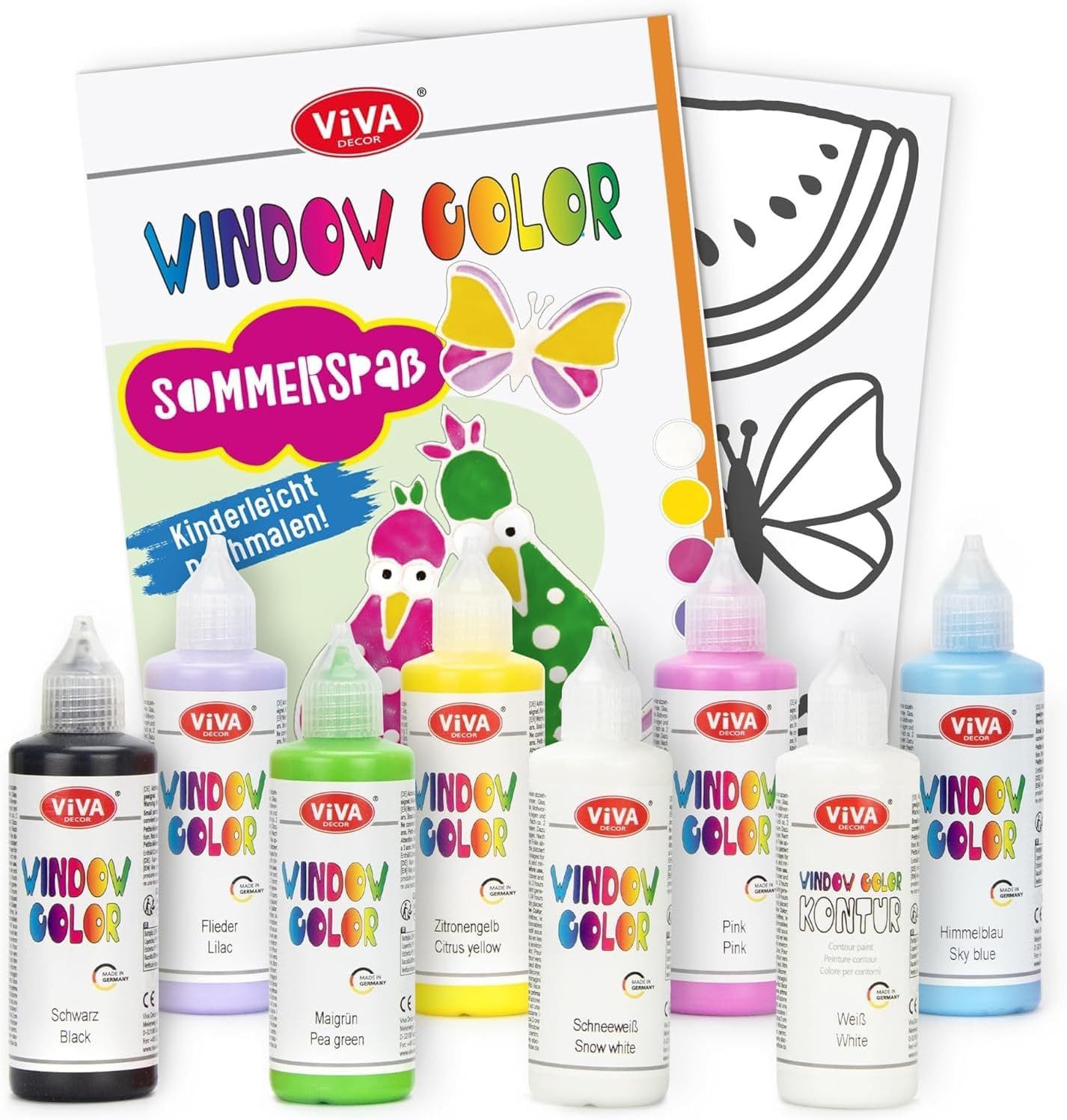 LM-Kreativ Bastelfarbe Window Color Set Sommerspaß – 7 x 80 ml, XXL-Set, wiederablösbar, inkl. Konturen