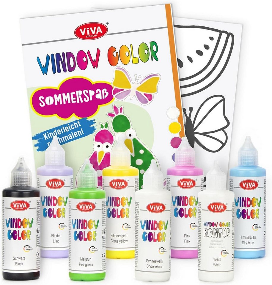 LM-Kreativ Bastelfarbe Window Color Set Sommerspaß – 7 x 80 ml, XXL-Set, wiederablösbar, inkl. Konturen, Folien & Vorlagenheft