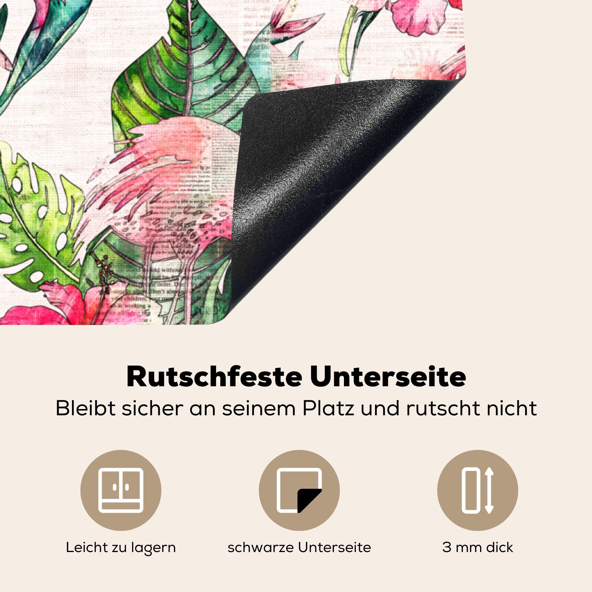 tlg), Ceranfeldabdeckung, Vinyl, Blätter - Blumen Zeitungspapier, - 78x78 küche MuchoWow für Flamingo Arbeitsplatte Herdblende-/Abdeckplatte (1 - cm,