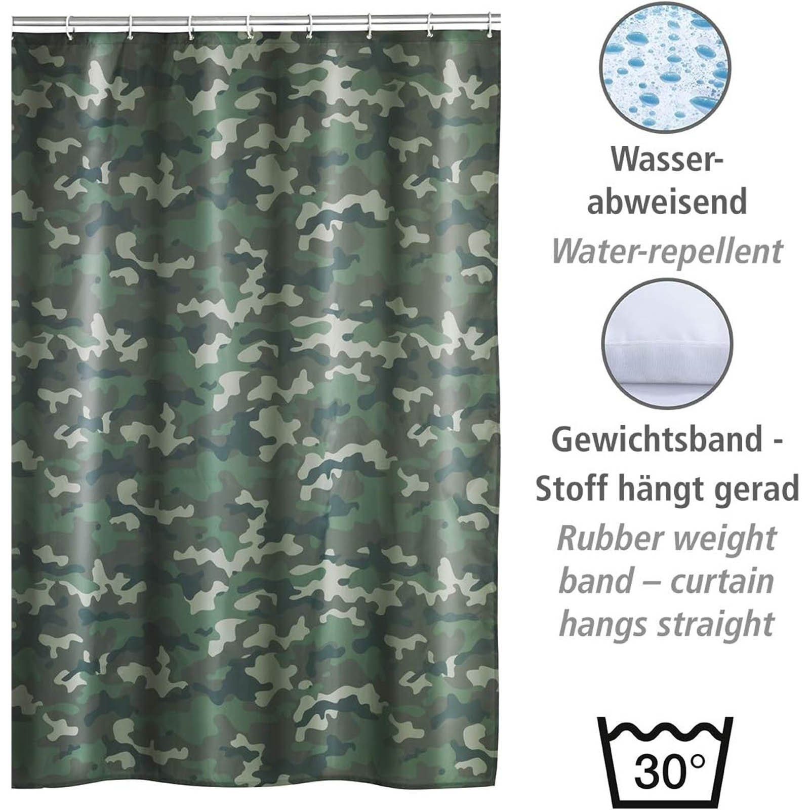 WENKO Duschvorhang Wannenvorhang Badewannenvorhang Camouflage Breite 180 cm, 180 x 200 cm mit 12 Duschvorhangringen