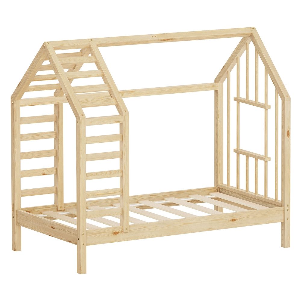 ML-DESIGN Spielbett Hausbett mit Lattenrost, Dach und Fenster, Montessori Kinderbett, Bettgestell aus Kiefernholz Holzbett 70x140 cm Natur ohne Matratze