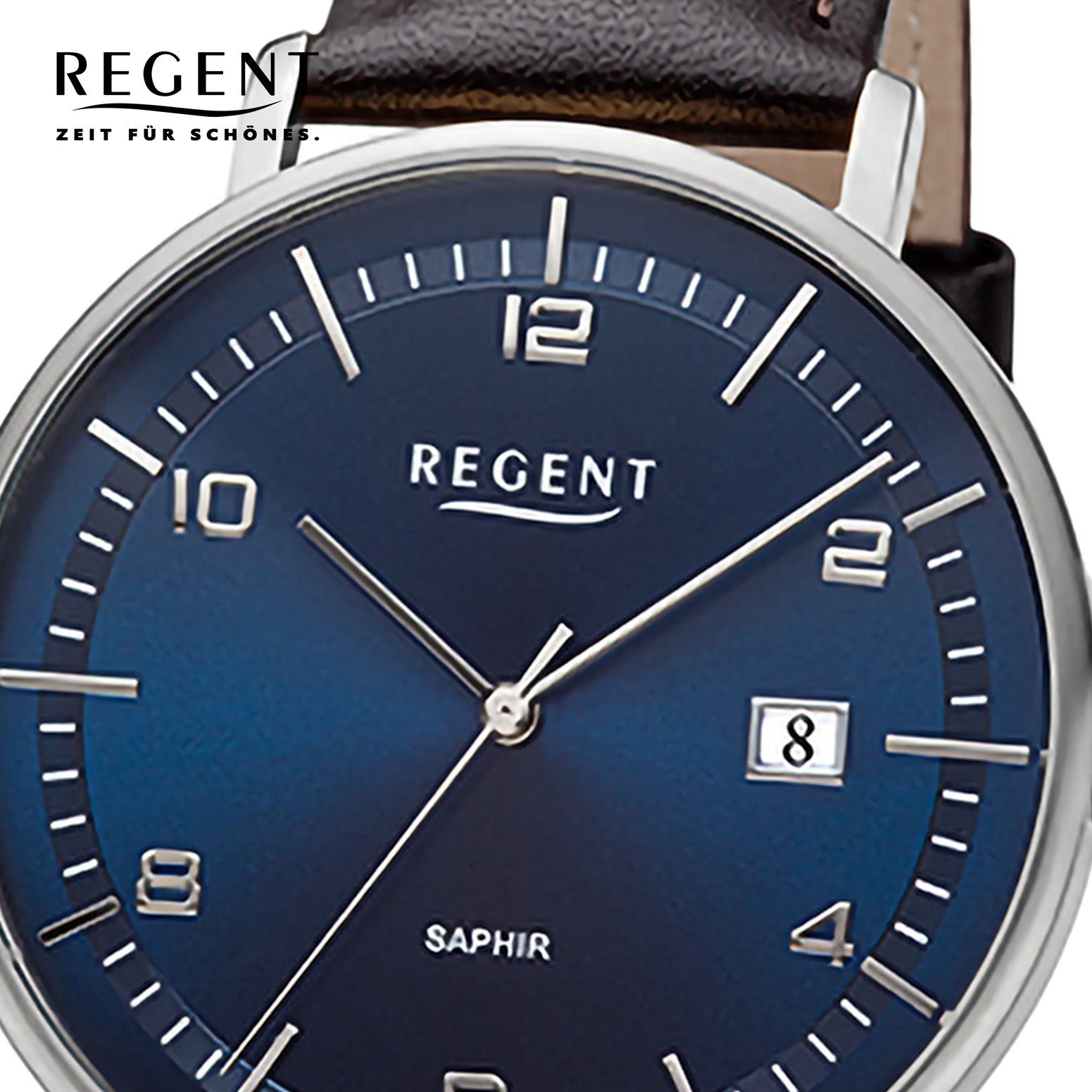 Herren Saphirglas Armbanduhr Herren 42mm), Lederarmband, Regent extra Analog, Armbanduhr rund, Quarzuhr groß Regent (ca.