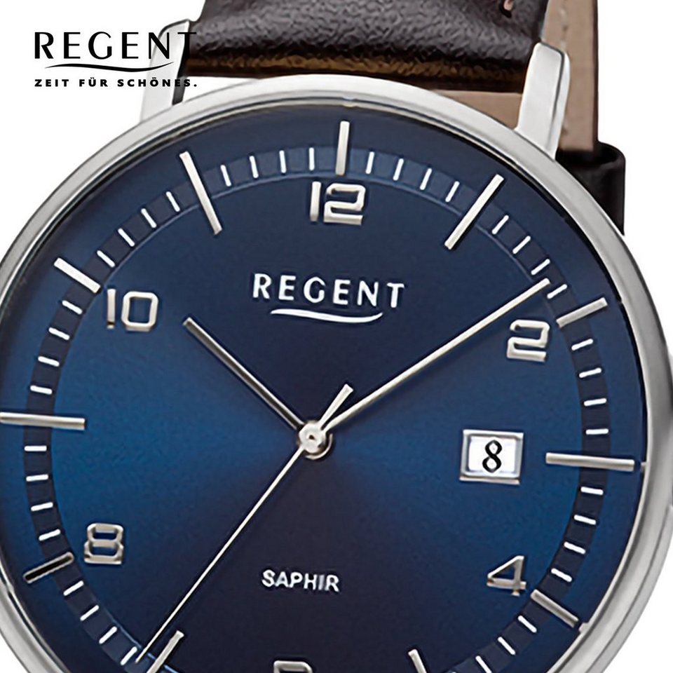 Regent Quarzuhr Regent Herren Armbanduhr Analog, Herren Armbanduhr rund,  extra groß (ca. 42mm), Lederarmband, Saphirglas