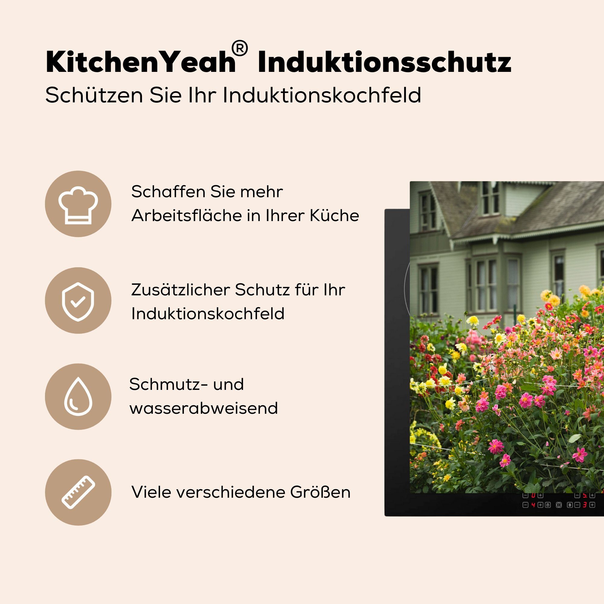 Schutz für Haus, Ceranfeldabdeckung Vinyl, bei die tlg), küche, cm, Herdblende-/Abdeckplatte Induktionskochfeld einem Dahlien MuchoWow 81x52 (1