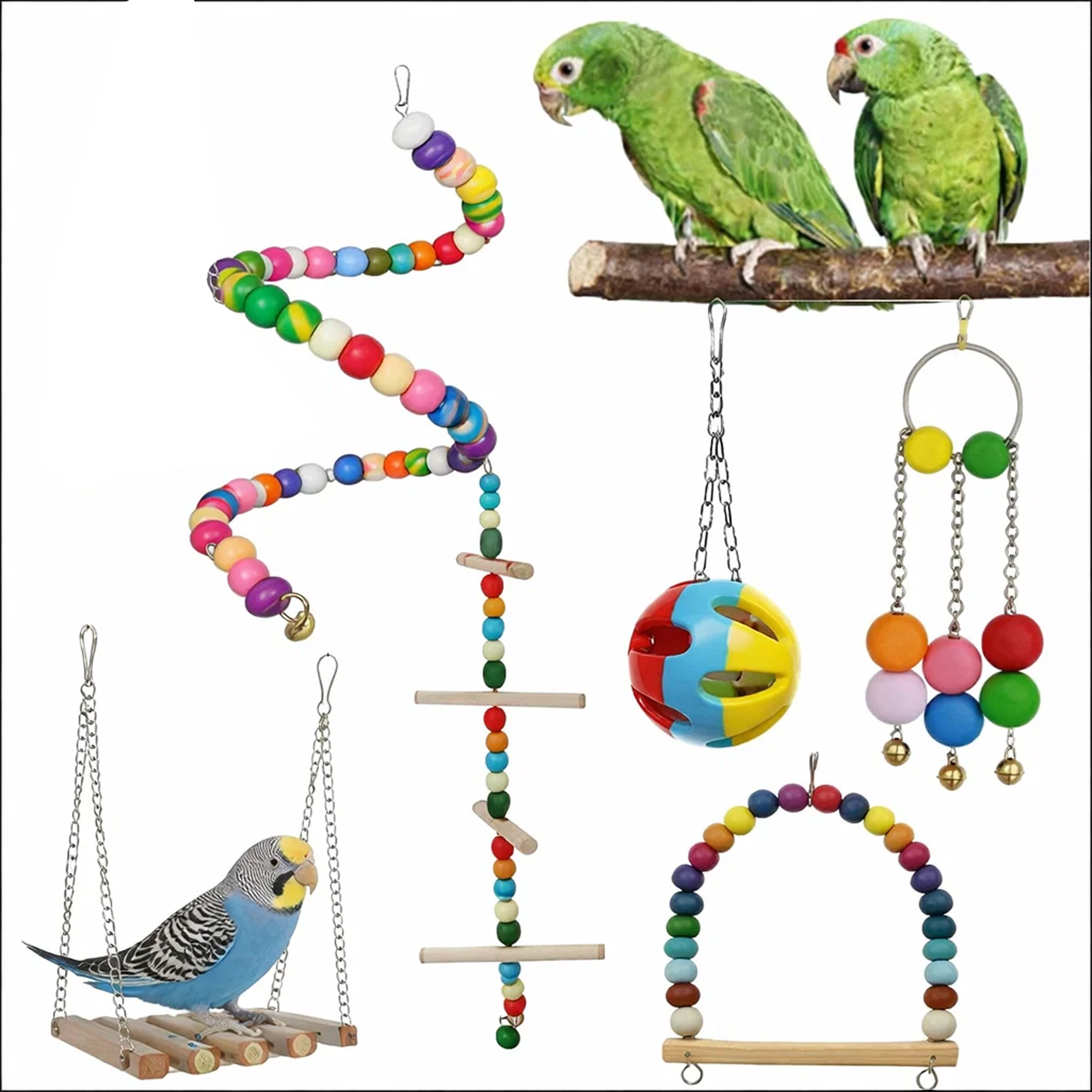 Jungengel Vogelspielplatz Vogelspielzeug 6-Teilig Wellensittich Käfigspielzeug Schaukel Leiter, 6-teiliges Vogelspielzeug Set mit Schaukel, Leiter & Kletterspielzeug