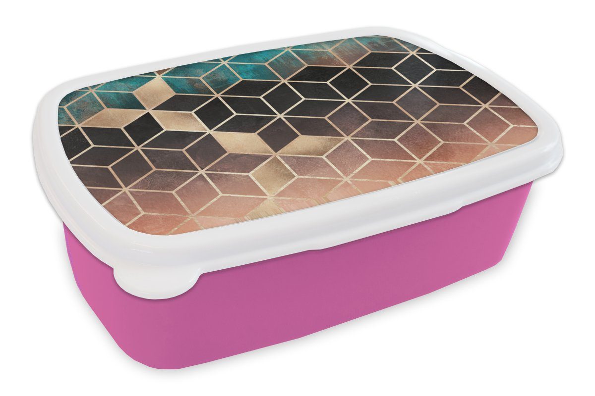 Brotdose MuchoWow Würfel Luxus, rosa Abstrakt Lunchbox - Muster Erwachsene, Kinder, für Brotbox (2-tlg), Kunststoff, Kunststoff Gold - Snackbox, Mädchen, - -