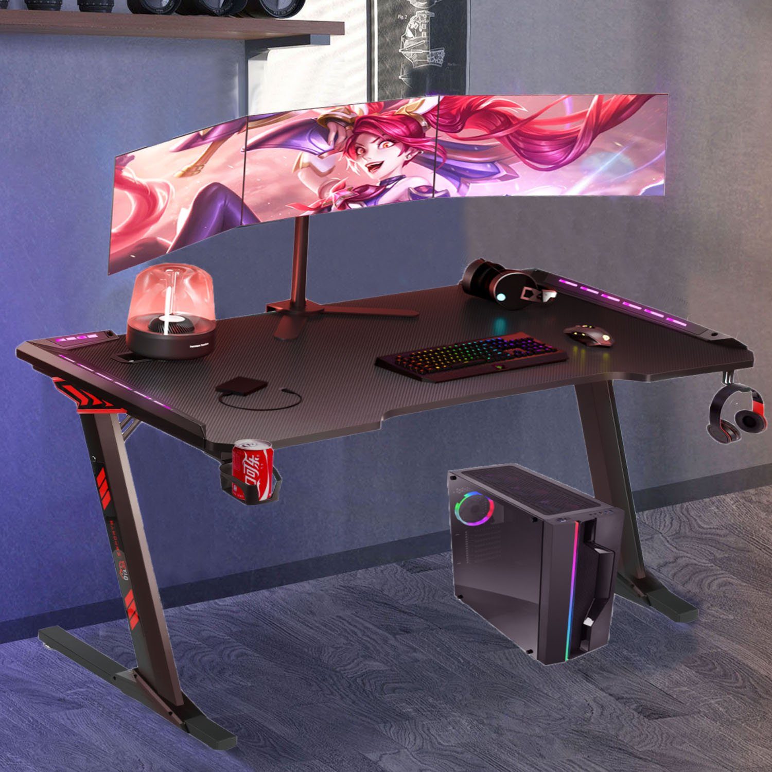 oyajia Gamingtisch mit 60cm Schreibtisch, 140 LED Getränkehalter Kopfhörerhalter Computertisch Gaming USB-Anschluss, Gamingtisch Gamer Tisch, und Stabiler x