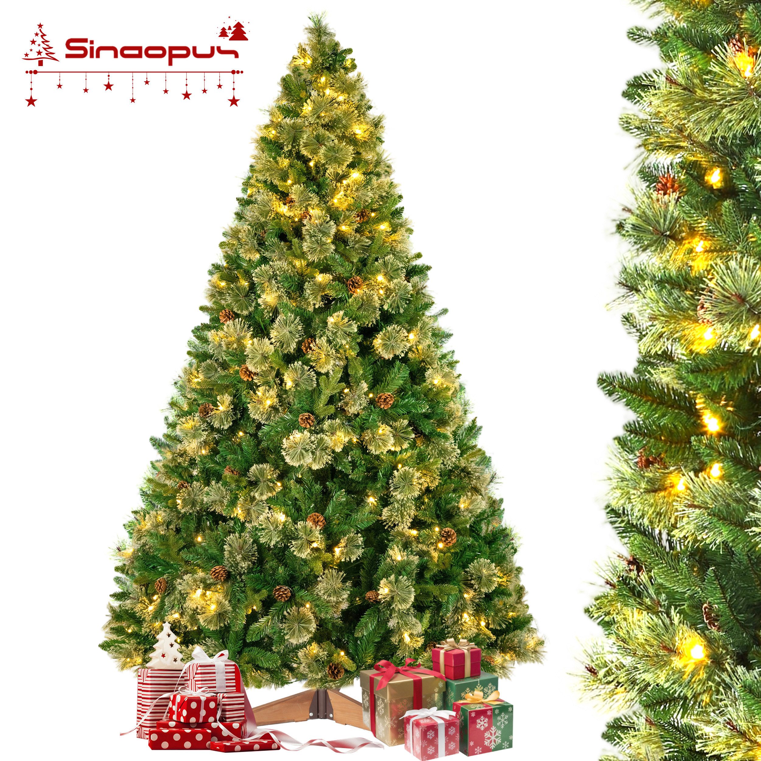 Vankel Künstlicher Weihnachtsbaum Tannenbaum künstlich, PVC+PE, 180/210/235cm, mit LED, Tannenzapfen, Künstliche Tanne, Weihnachtsbaum, Holzständer, 1080 Spitzen & 210 LEDs & Handschuhe