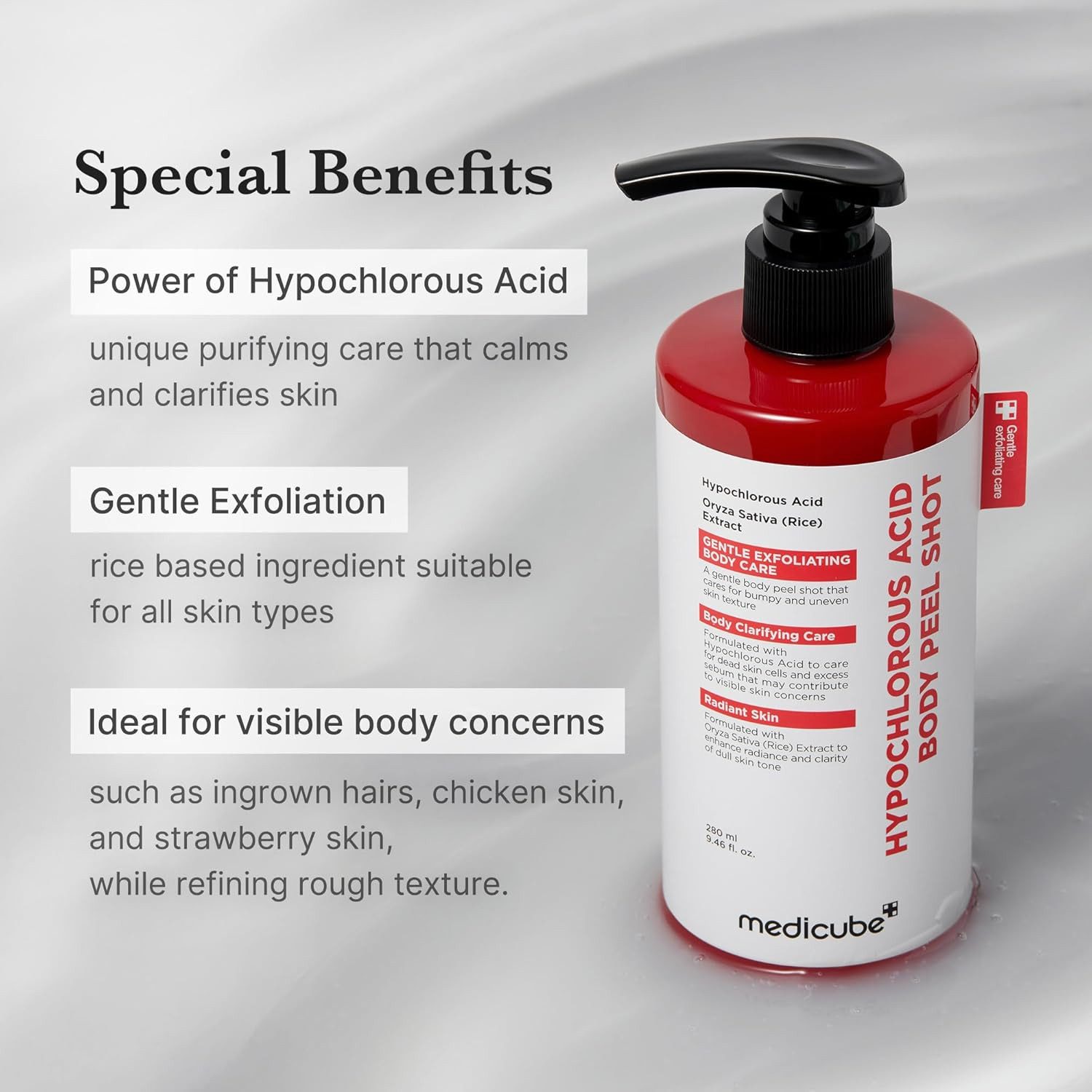 Medicube Bodylotion Hypochlorous Acid Body Peel Shot 280ml – Körperpeeling gegen Bacne für Rücken, Oberarme und weitere Problemzonen des Körpers, mit Reisextrakt, Centella Asiatica & Panthenol für beruhigte Haut