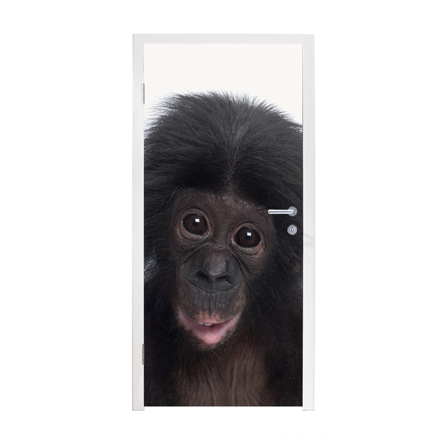 - Schimpanse Türaufkleber, - St), Jungen Porträt - MuchoWow Türtapete - für - bedruckt, Affe Kinder (1 75x205 cm Fototapete Mädchen, Tür, Matt,