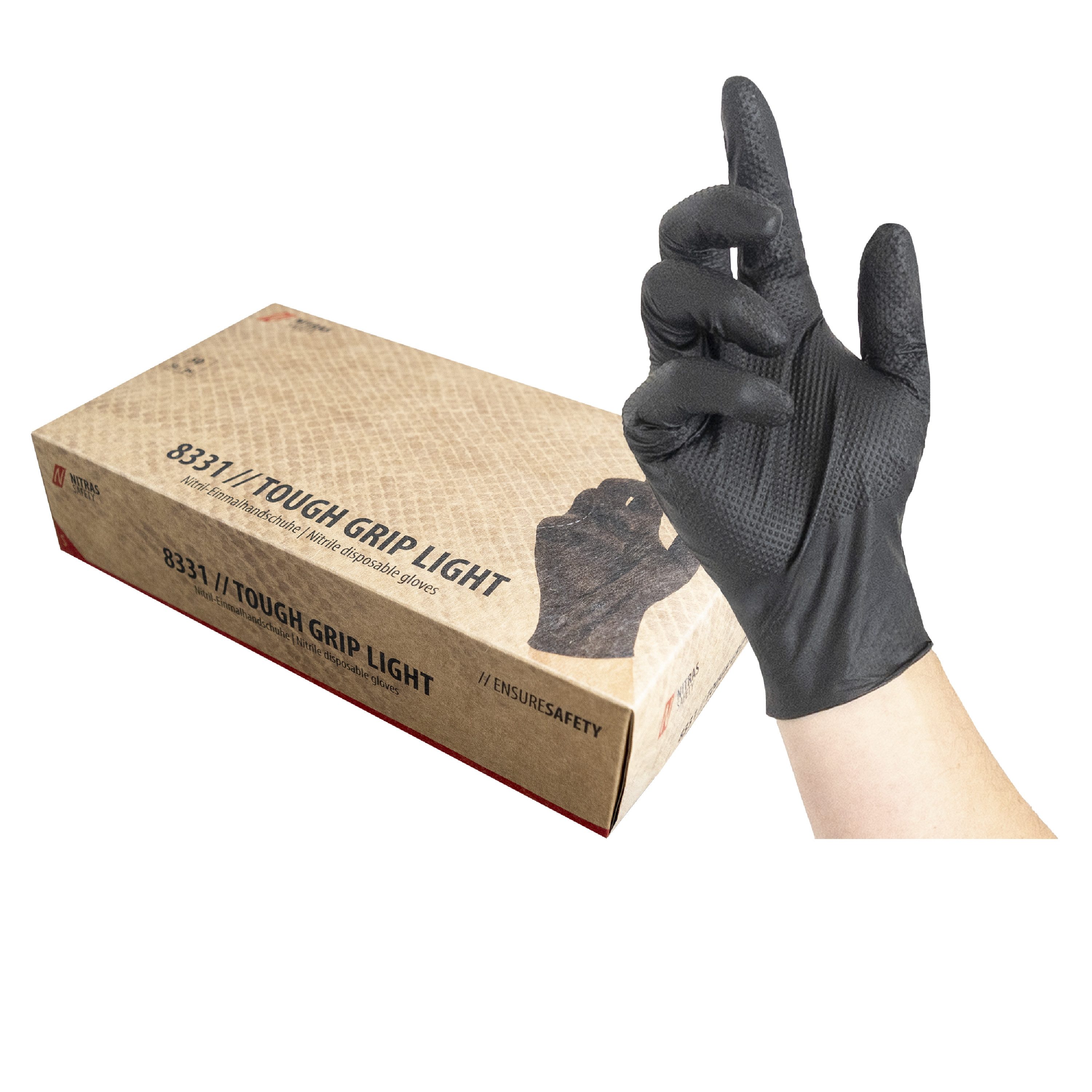 Nitras Einweghandschuhe 8331 Touch Grip light schwarz mit extra Grip (Box, VPE=Box je 50 Stück Nitrilhandschuhe) Schuppenoberfläche/ sehr griffig