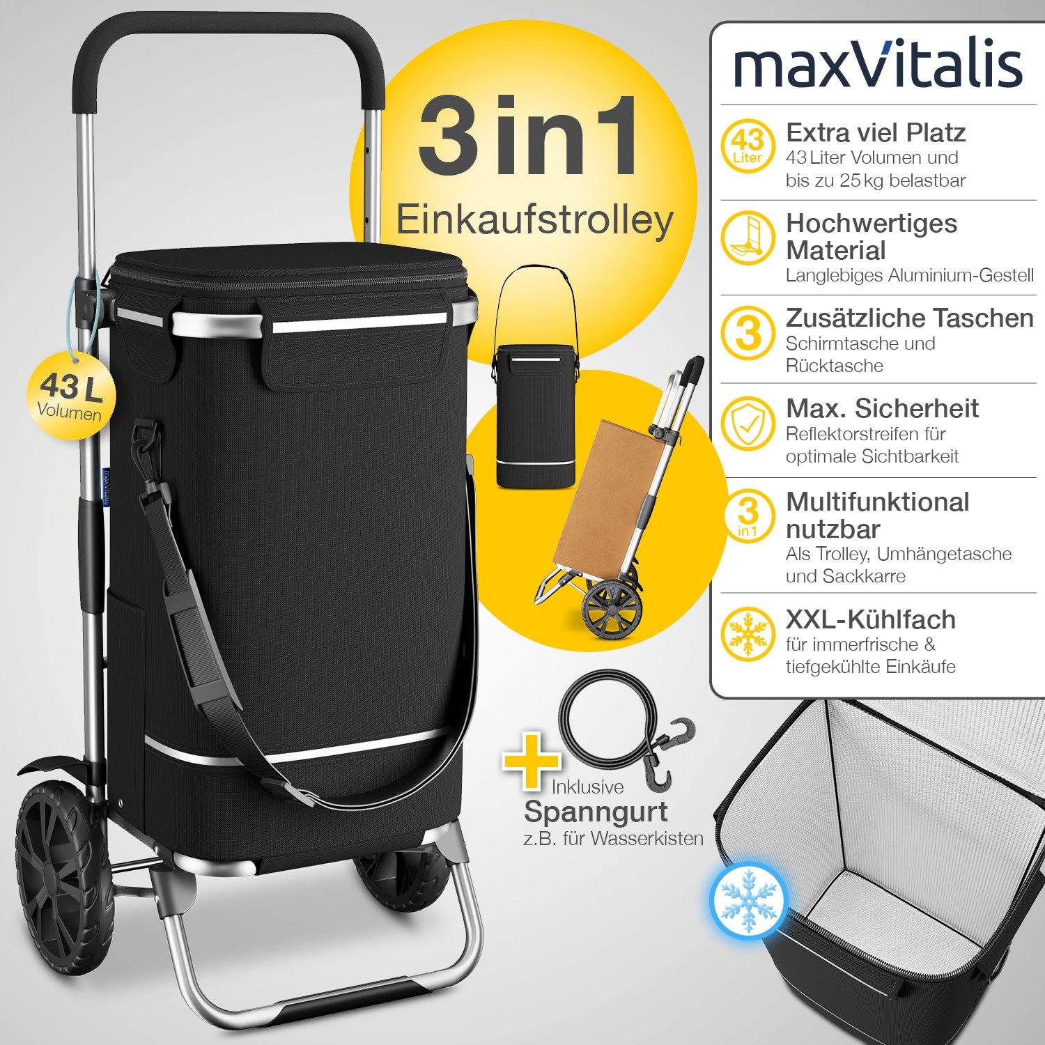 ELONEO Einkaufstrolley mit XXL-Kühlfach & praktischem Spanngurt für schwere Getränkekisten, 43 l, inkl. extra große abnehmbarer Tasche mit Schultergurt, klappbar
