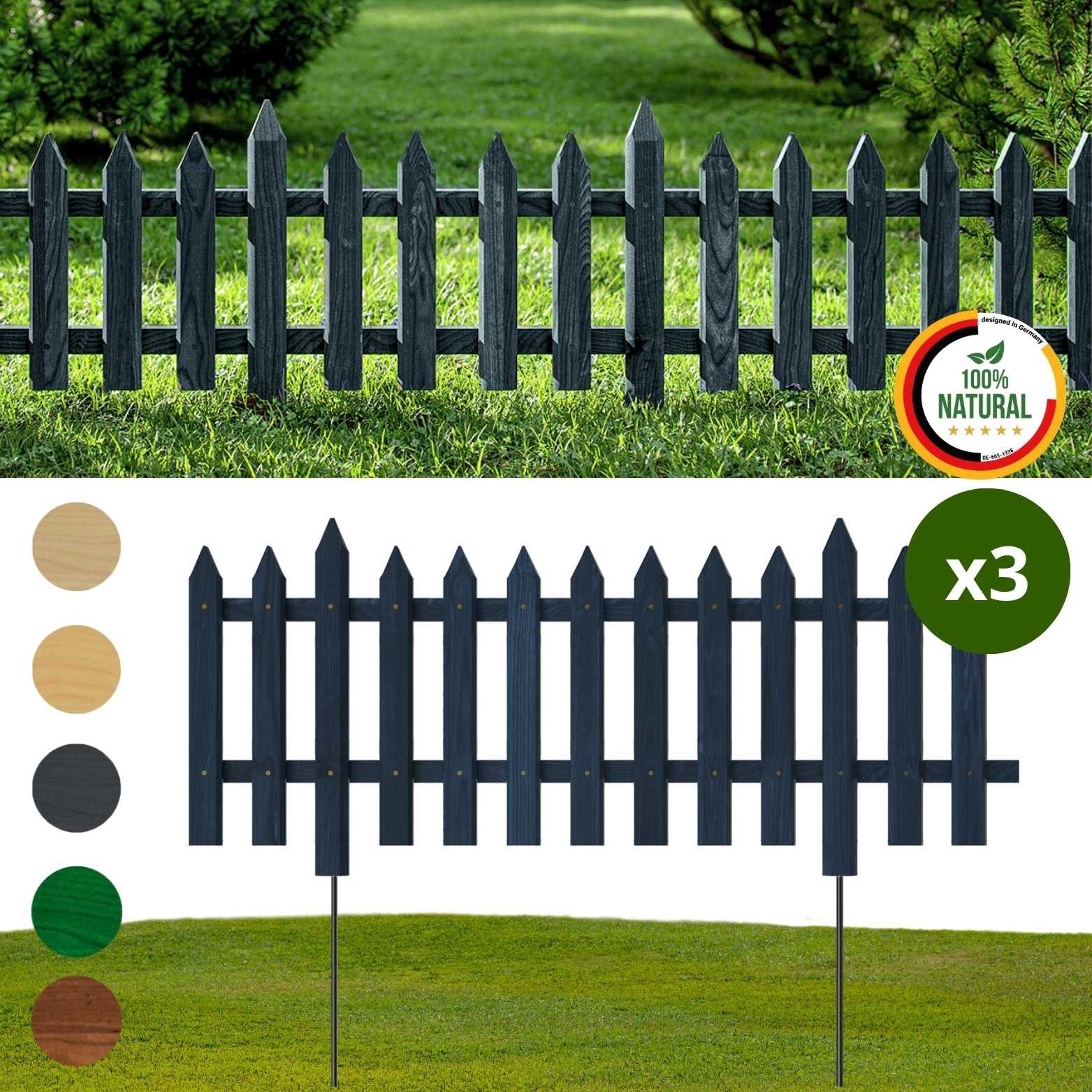 Floranica Zierzaun Vorgartenzaun Steckzaun Gartenzaun Zierzaun Lattenzaun Friesenzaun, (40 x 100 cm, 3-St., Anthrazit), Blummen Beeten Zaun aus Holz mit Metalpfosten, Beetabgrenzung