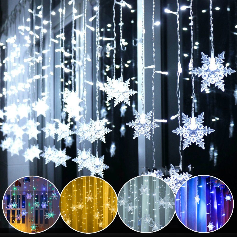 Lichtervorhang Lichterkette LED Schneeflocken Modi, 8 Vorhang Lichter, Laybasic Lichterketten,Schneeflocke LED IP44 Weiß Wasserdicht Speicherf, LED-Lichterkette