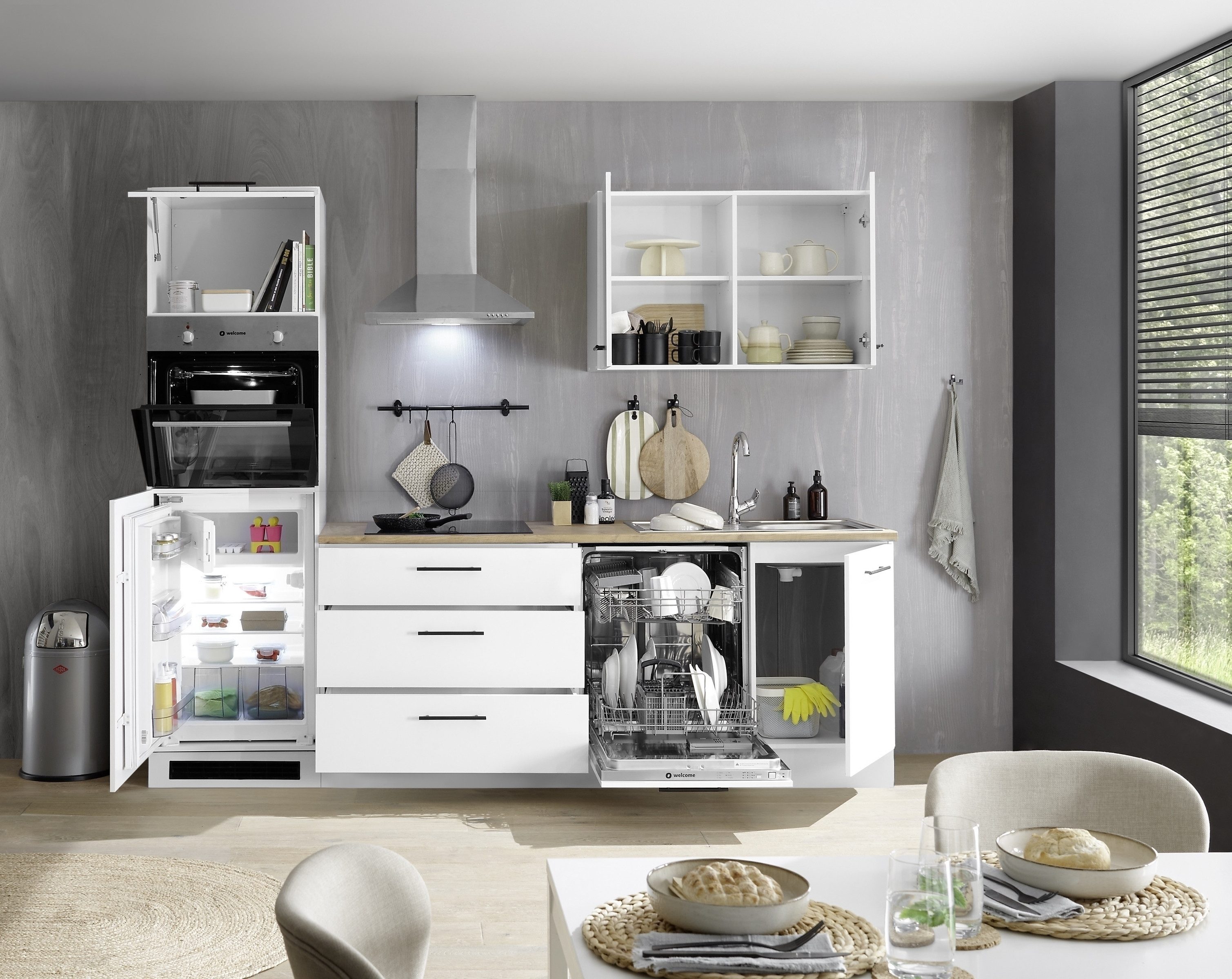 BEGA BBK Küchenzeile in Weiß matt / Platte Wotan Eiche Dekor- 250x212x60cm (BxHxT)