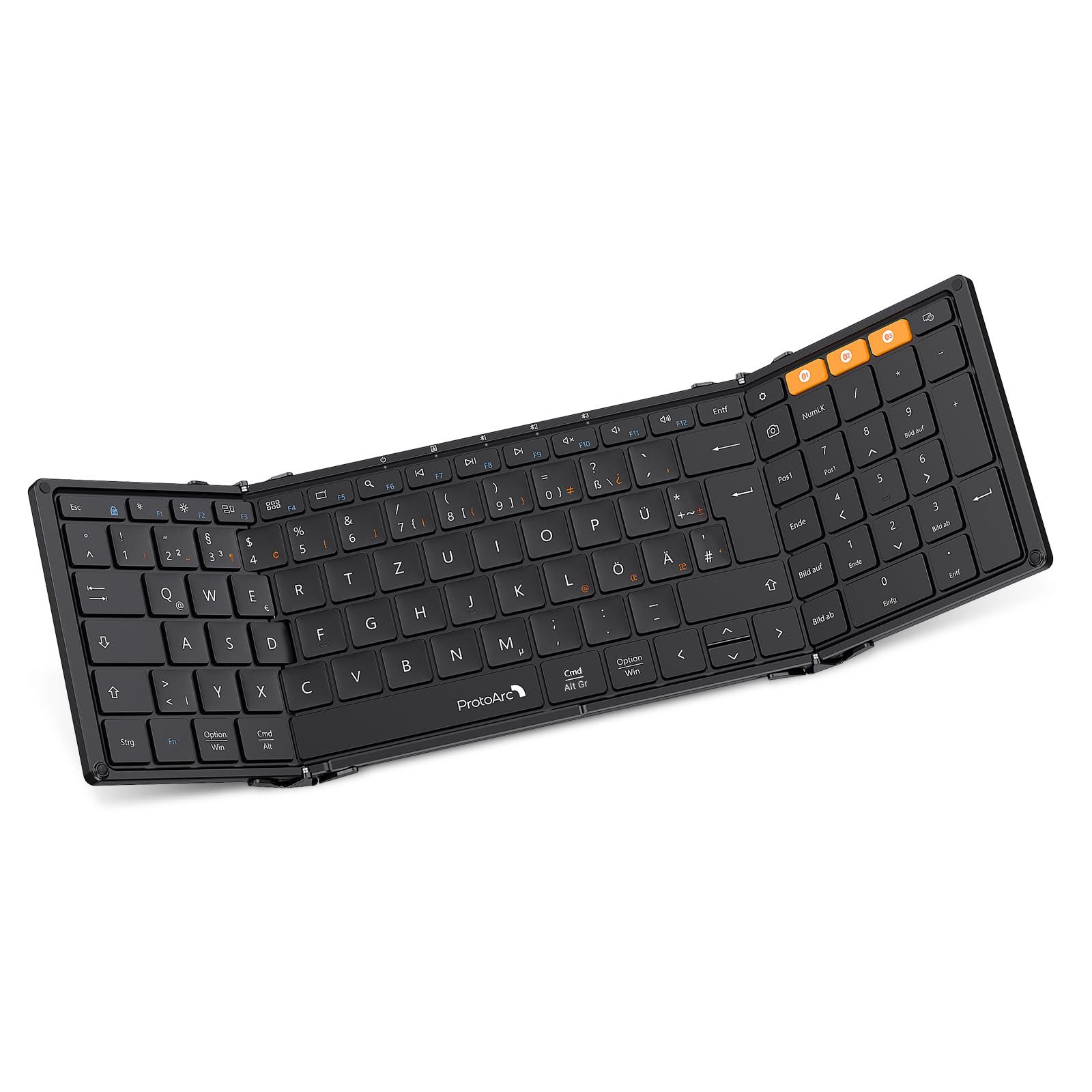 ProtoArc XK01 Faltbare Tastatur mit Ziffernblock – Kabellos & Aufladbar Tastatur (3-fach Bluetooth für iOS/Android/Windows, Kompakt & faltbar, QWERTZ)