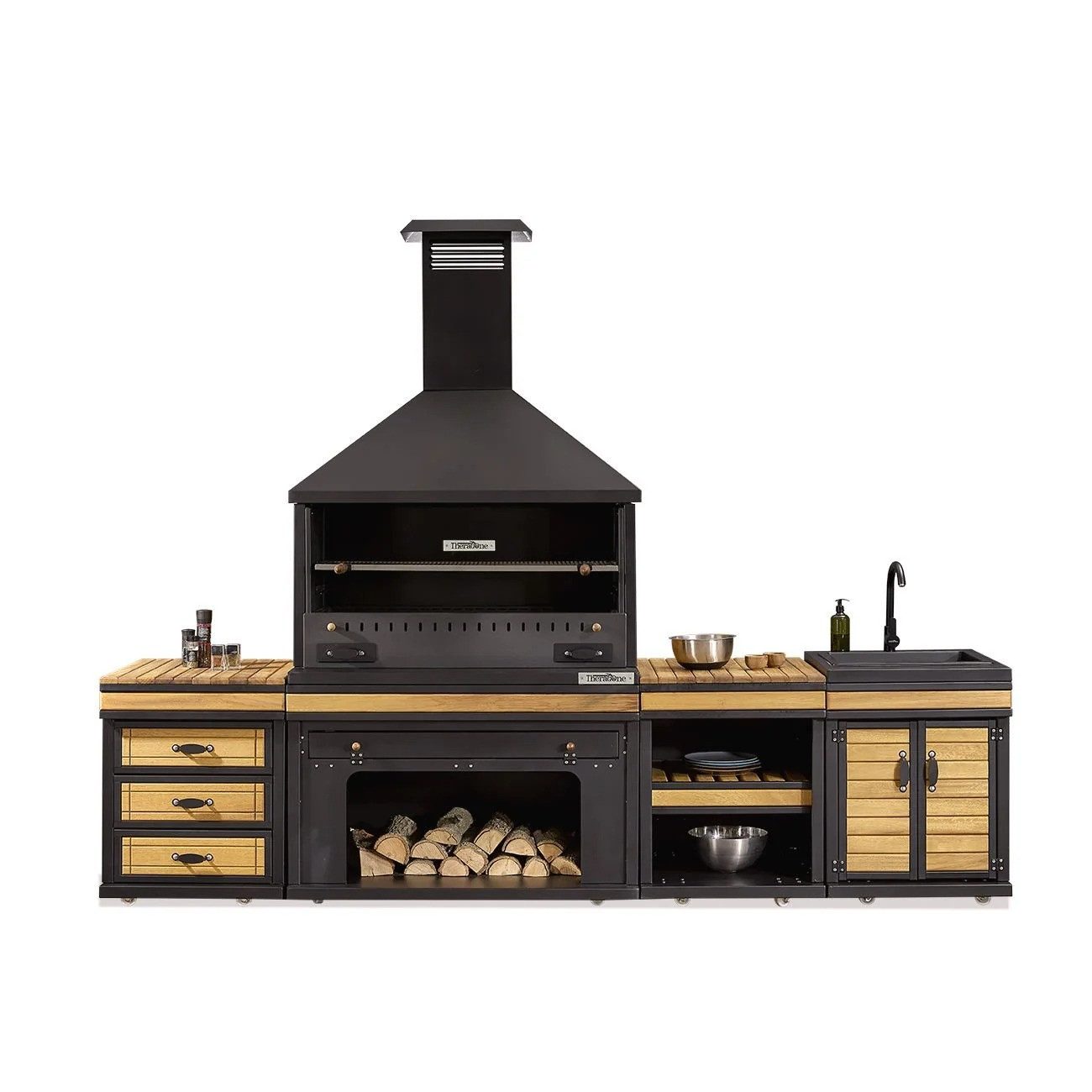 JVmoebel Outdoor-Küche Elegante Außenküche aus Holz und Edelstahl in Schwarz und Braun, Made in Europe