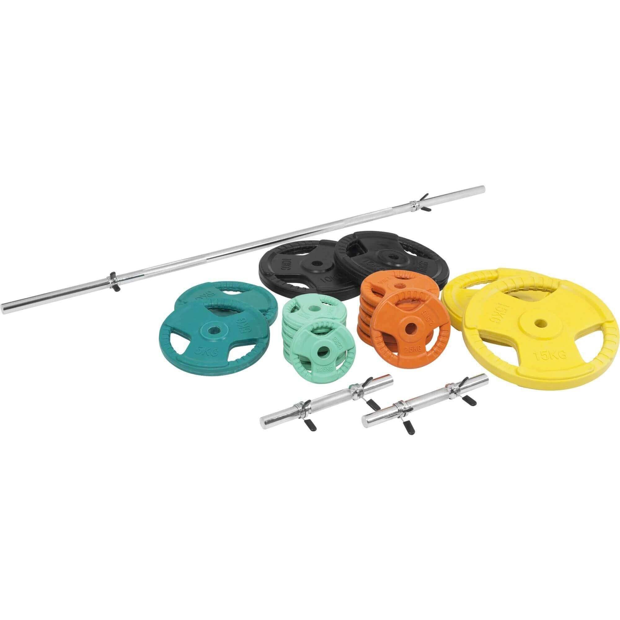 GORILLA SPORTS Hantel-Set 100 kg, gummiert Federverschluss 30mm, Langhantelstange Kurzhanteln, 170 Gusseisen cm