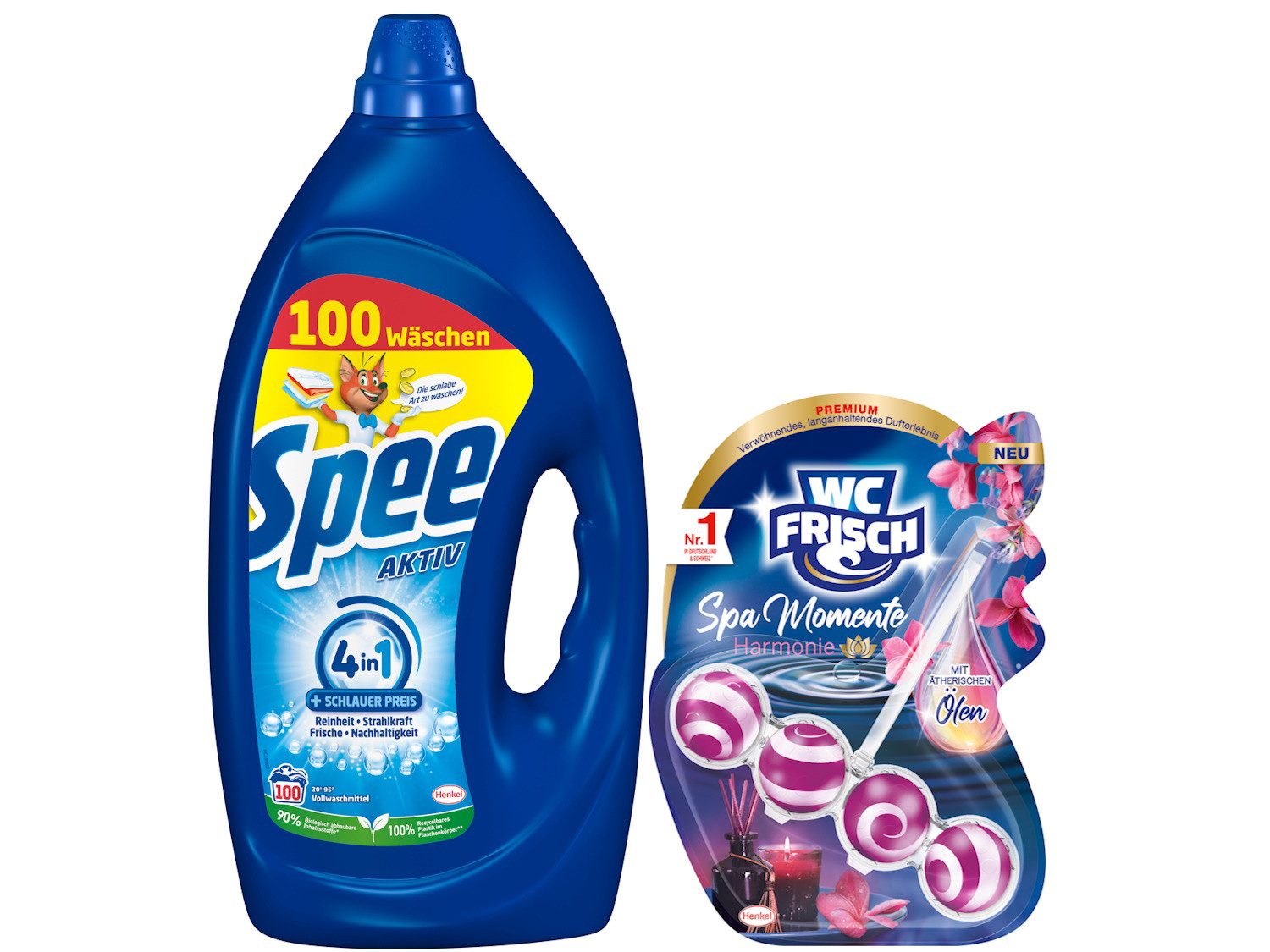 Spee Spee Aktiv Gel 100WL & WC FRISCH Spa Momente Harmonie 50g Vollwaschmittel (Spar-Pack, [2-St. Flüssigwaschmittel & Toilettenstein für Reinheit & Sauberkeit)