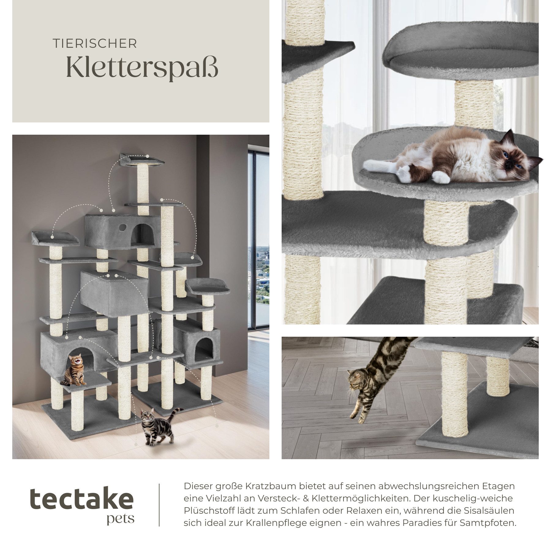tectake Kratzbaum Katzenbaum Entissar 214 cm Diverse Farben, Vielseitig mit robusten Sisalstangen und Plüschoberfläche