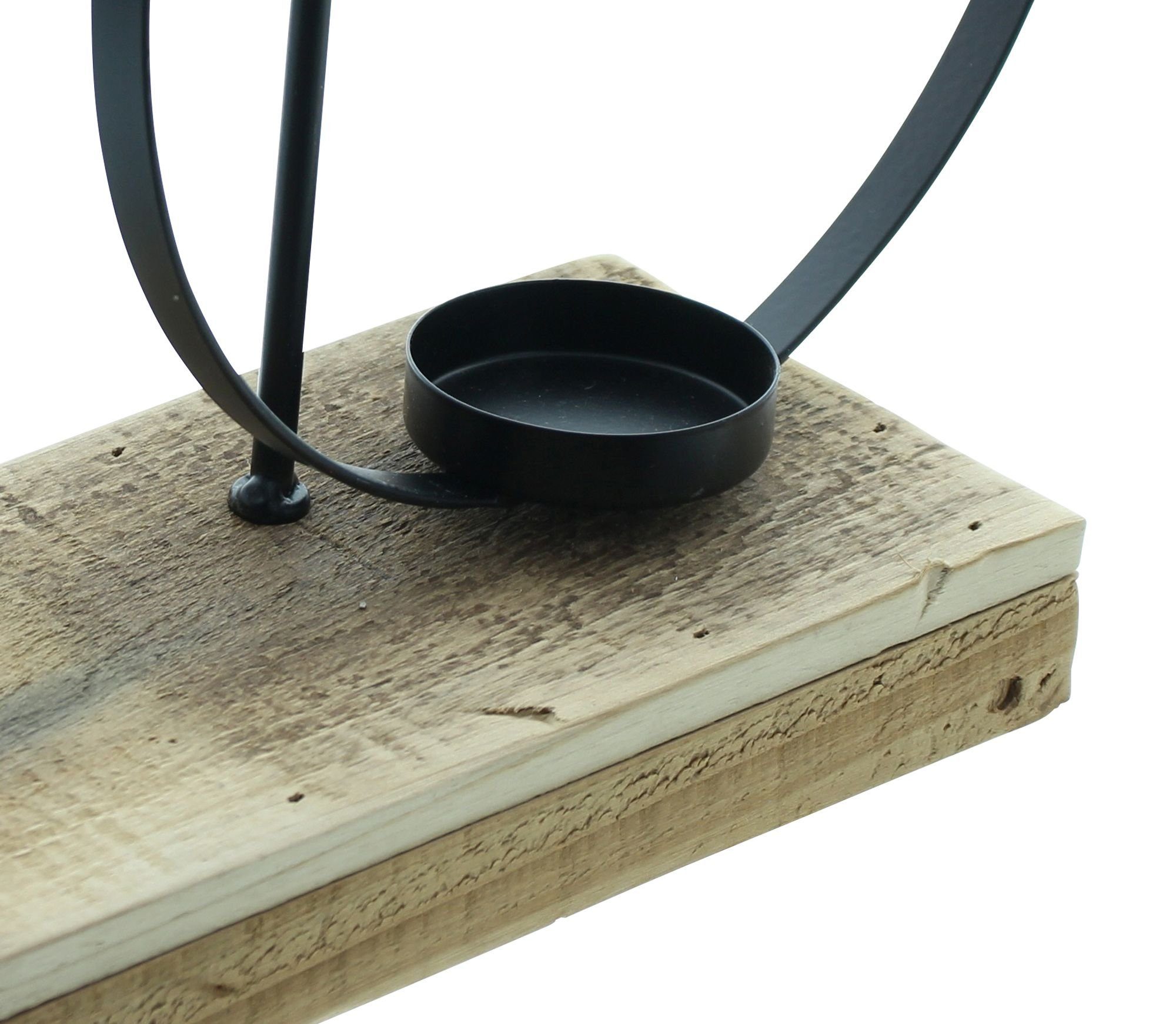 Dekoleidenschaft Windlicht "Ringe" aus Metall schwarz mit Sockel aus recyceltem Holz für 1 oder 3, Teelichter, Teelichtglas, Teelichthalter, Windlichtglas, Kerz – Bild 5 von 5