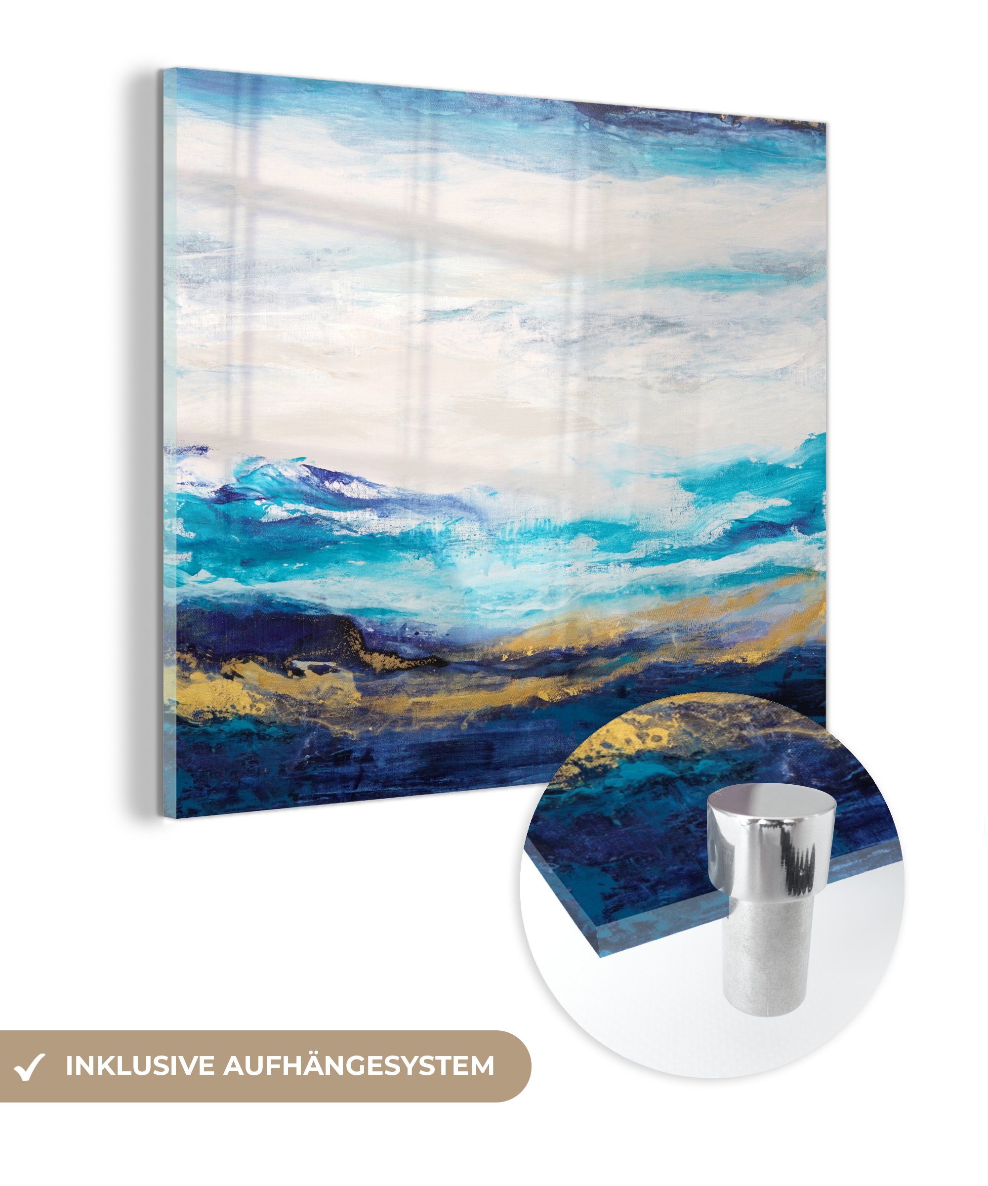 MuchoWow Acrylglasbild Blau - Malerei - Abstrakt - Farbe, (1 St), Glasbilder - Bilder auf Glas Wandbild - Foto auf Glas - Wanddekoration | Bilder