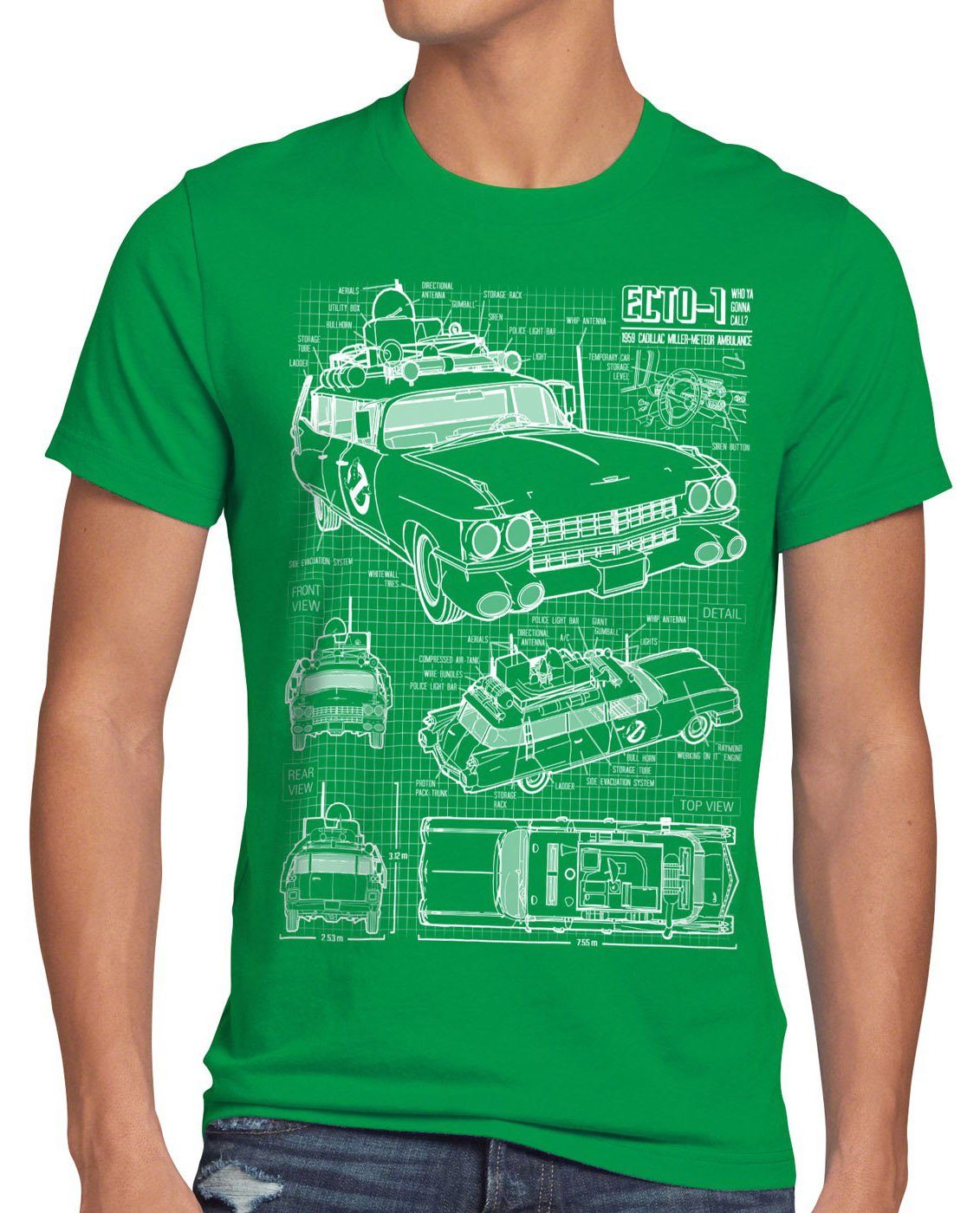 style3 Print-Shirt Herren T-Shirt ECTO-1 Blaupause busters geisterjäger ghost slimer geist auto car grün